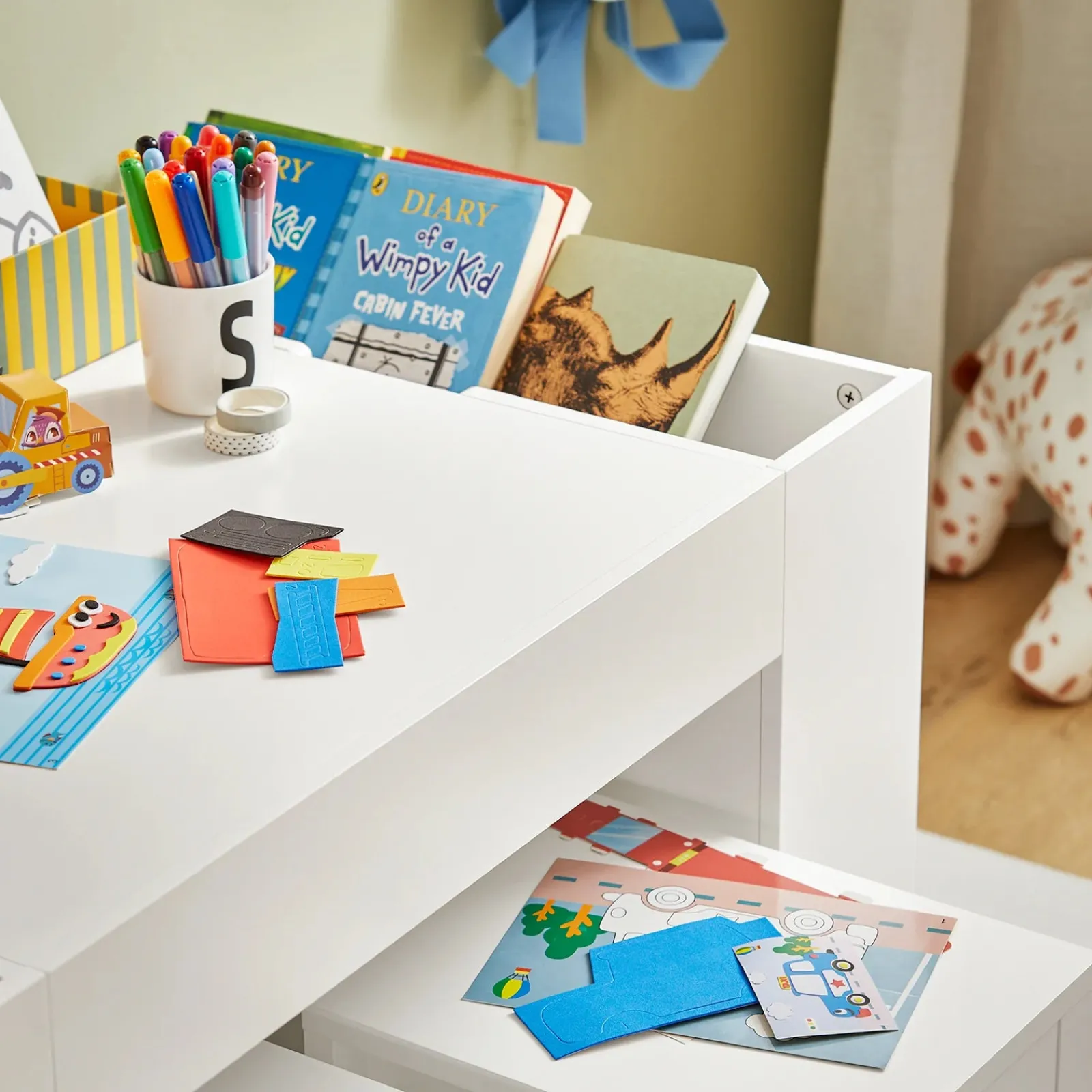 Little Helper Montessori Toys & Products | Easels & Accessories | Montessori Art Table & 2 Stools Set | 8 Storage Boxes | Reversible Lego Table for Desk | White | 3 Years+