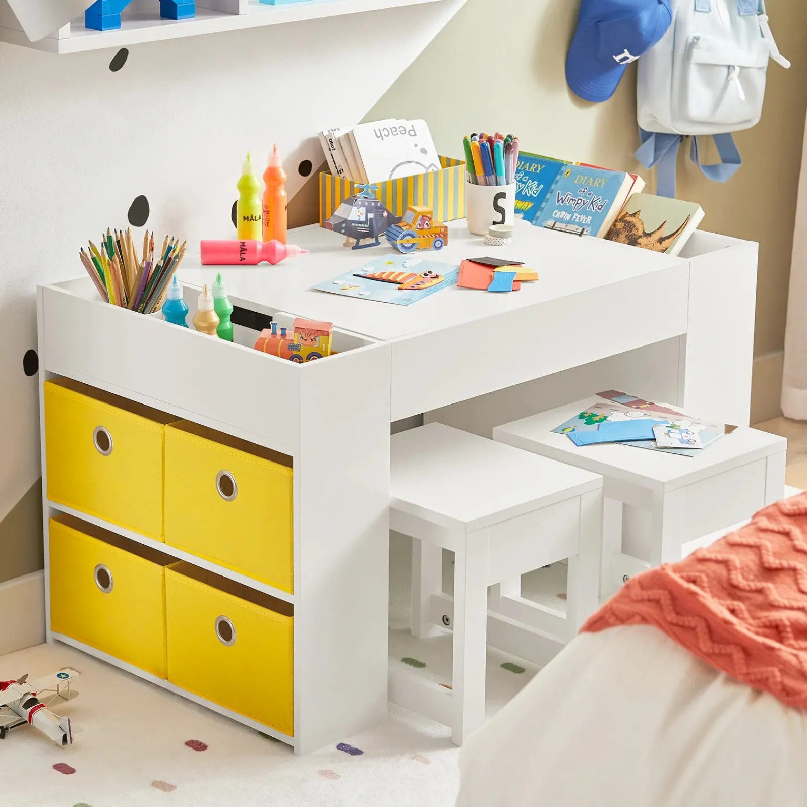Little Helper Montessori Toys & Products | Easels & Accessories | Montessori Art Table & 2 Stools Set | 8 Storage Boxes | Reversible Lego Table for Desk | White | 3 Years+
