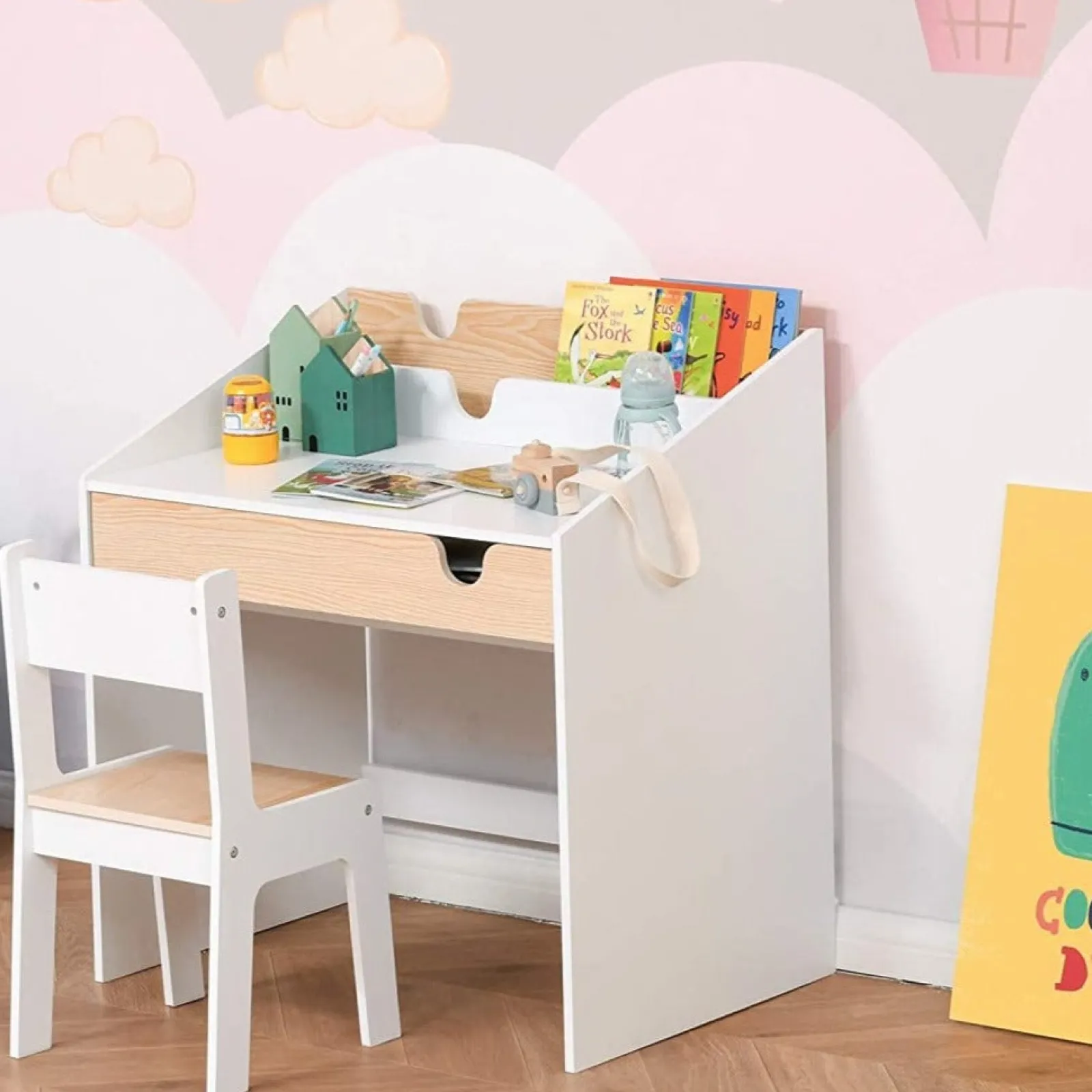 Little Helper Montessori Toys & Products | Table & Chairs (wooden) | Montessori Children's Homework Desk | Bookshelf | Storage & Chair | Natural & White | 3-8 Years