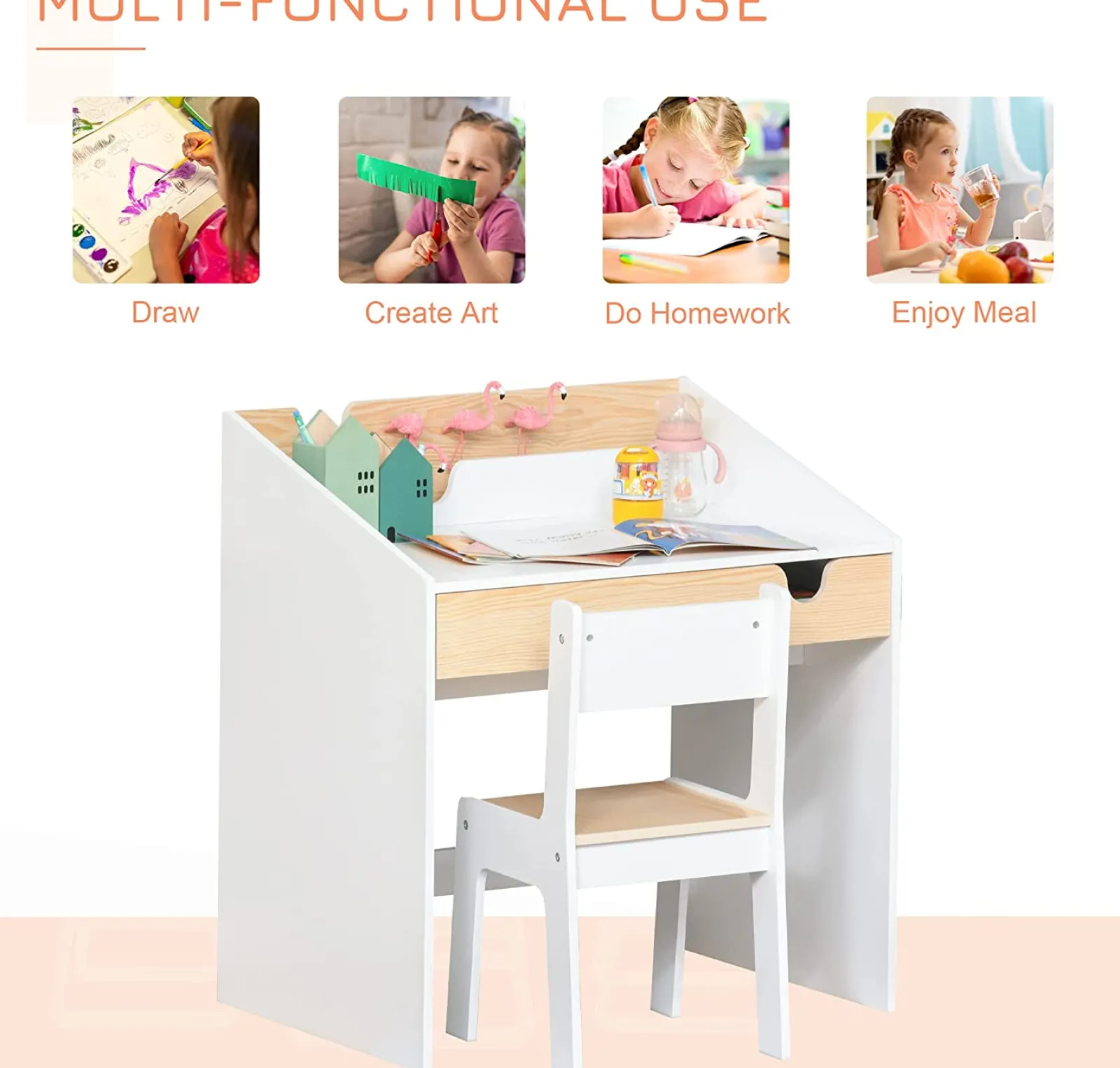 Little Helper Montessori Toys & Products | Table & Chairs (wooden) | Montessori Children's Homework Desk | Bookshelf | Storage & Chair | Natural & White | 3-8 Years