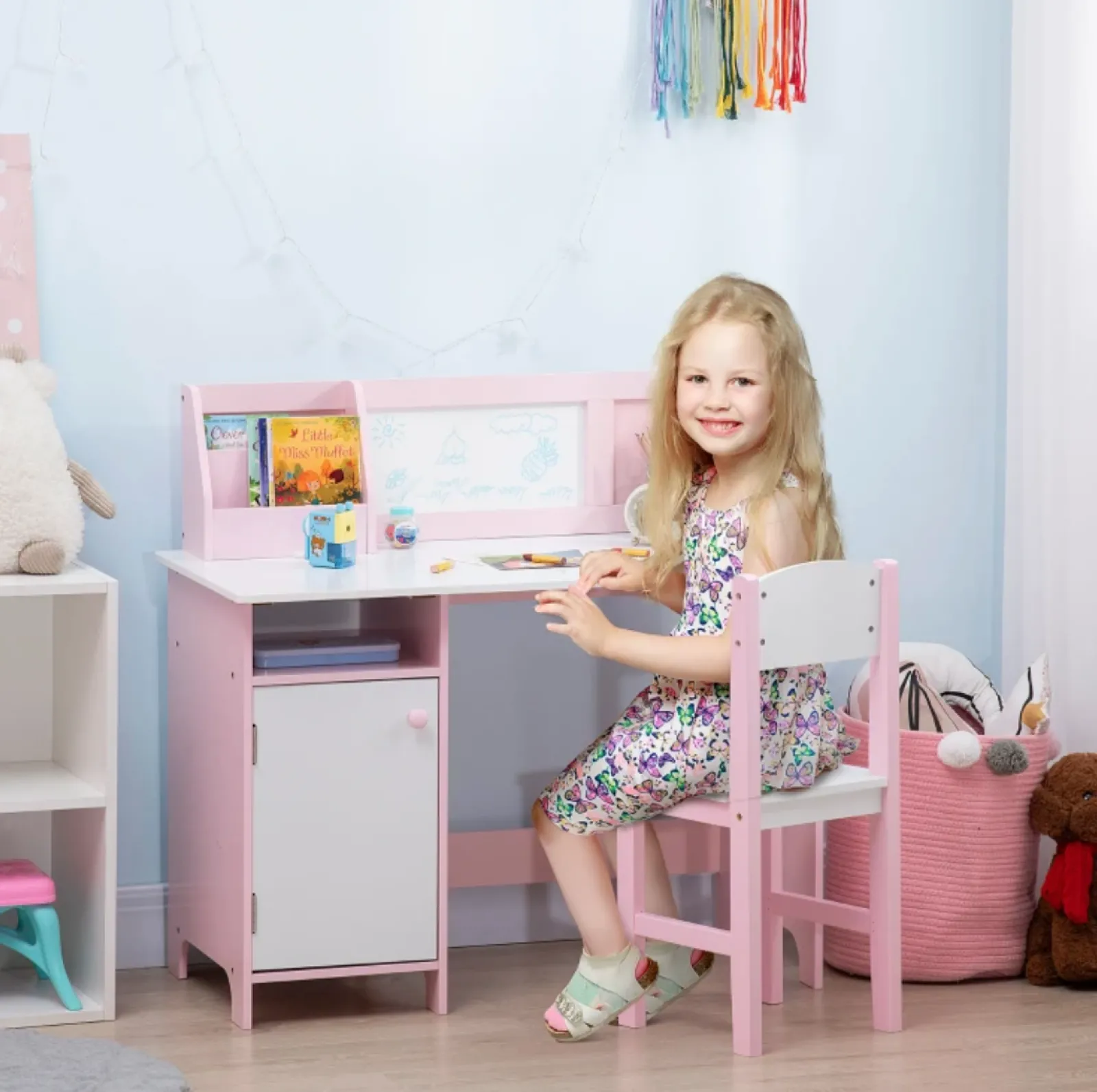 Little Helper Montessori Toys & Products | Table & Chairs (wooden) | Montessori Children's Homework Desk | Bookshelf | Storage & Chair | Pink & White | 3-8 Years