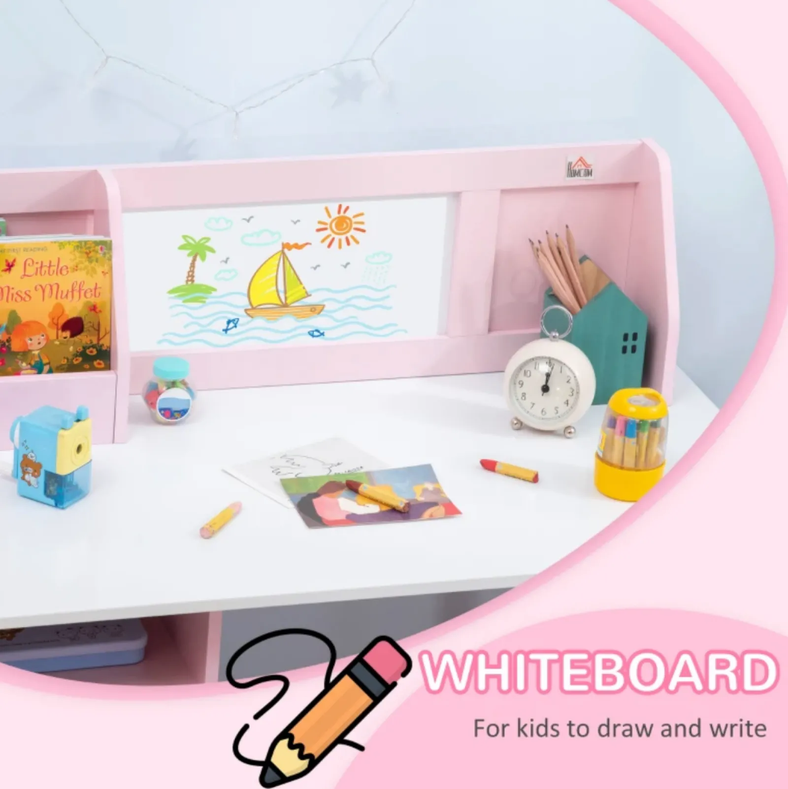 Little Helper Montessori Toys & Products | Table & Chairs (wooden) | Montessori Children's Homework Desk | Bookshelf | Storage & Chair | Pink & White | 3-8 Years