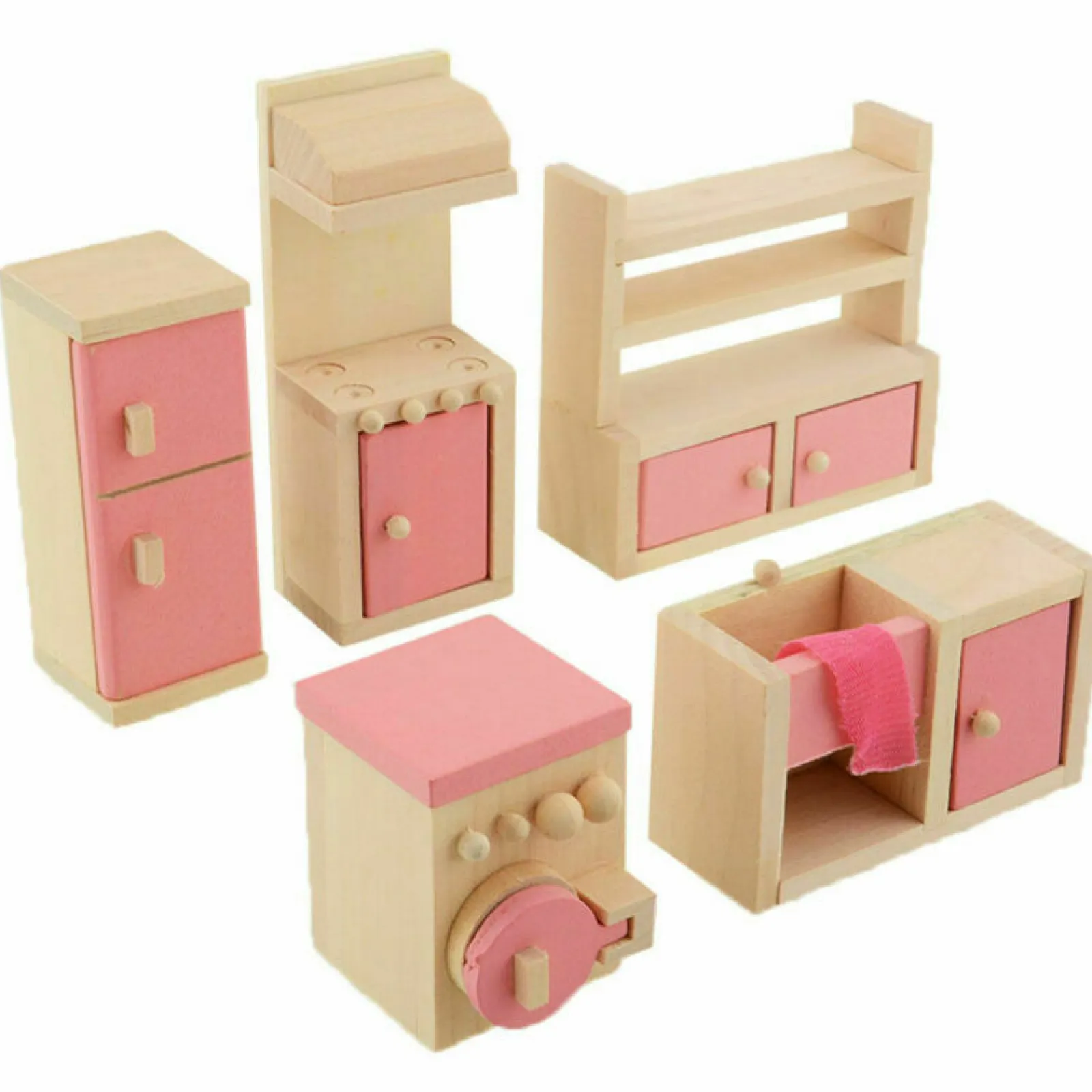 Little Helper Wooden Toys & Educational Toys | Role Play Toys & Pretend Play | Montessori Dollhouse Furniture Sets | Natural & Pink | Choice of Room Sets