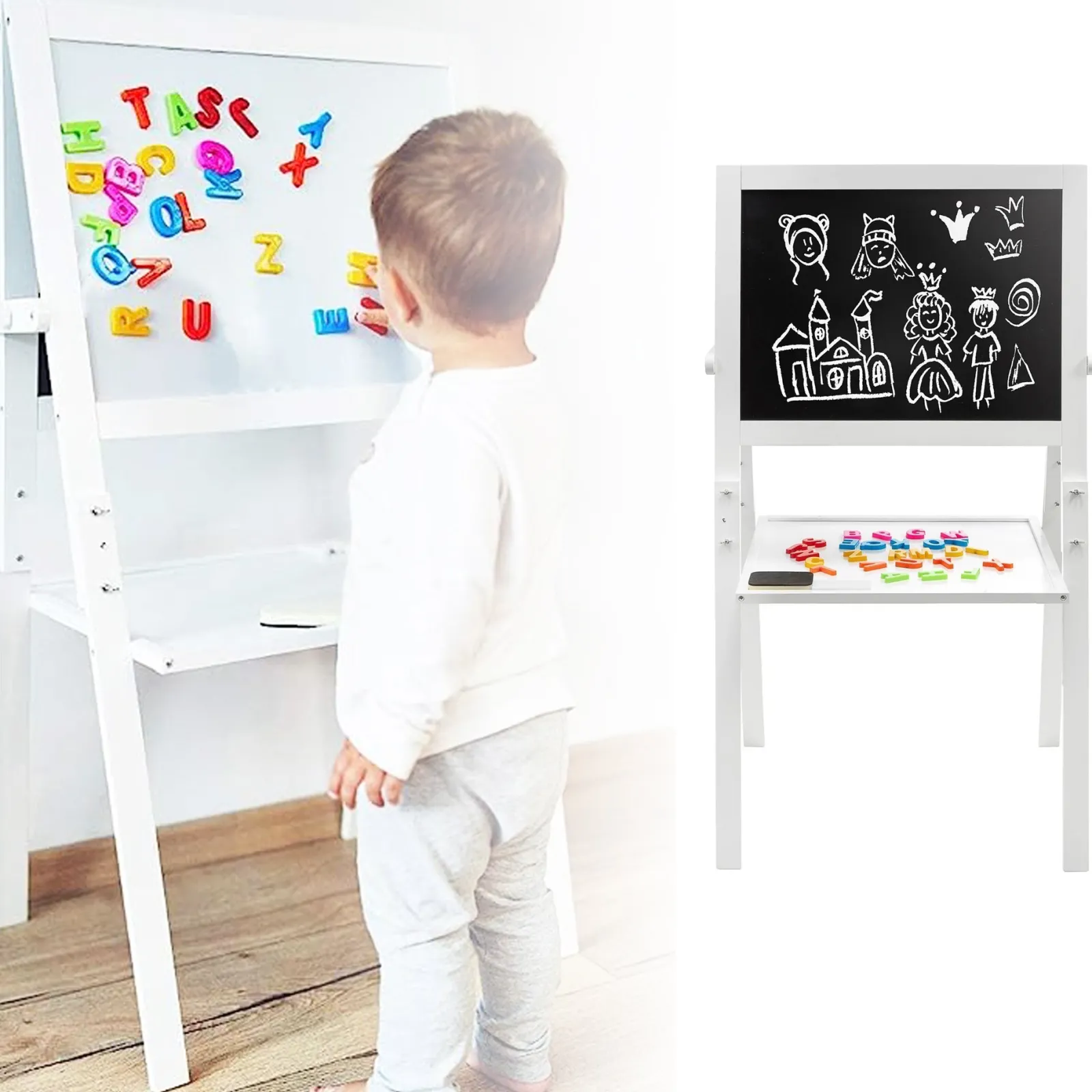 Little Helper Kids Arts & Crafts & Accessories | Easels & Accessories | Montessori Double Sided Wooden Easel | Magnetic | Whiteboard, Magnets & Chalk | White | 98cm high
