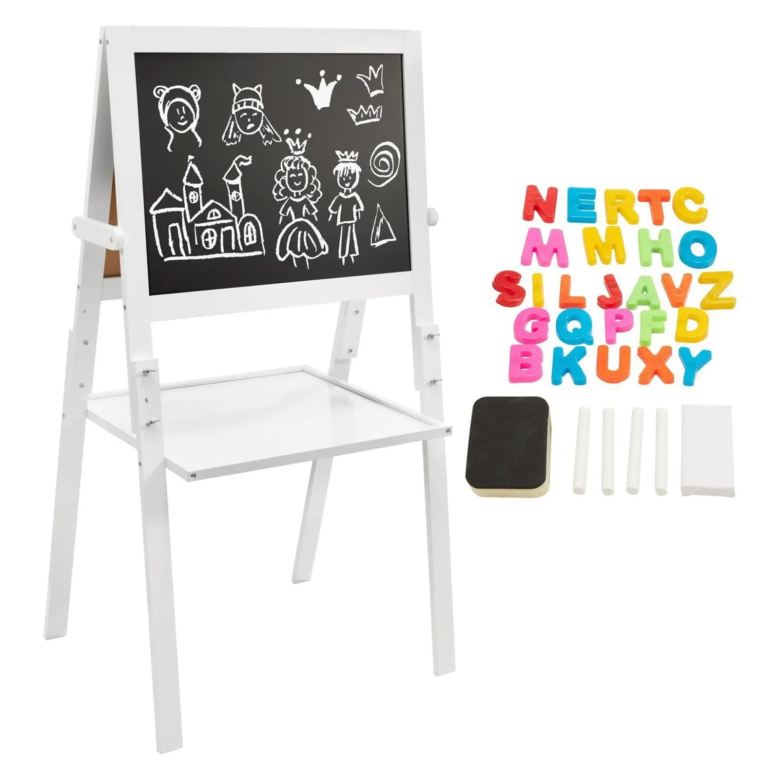 Little Helper Kids Arts & Crafts & Accessories | Easels & Accessories | Montessori Double Sided Wooden Easel | Magnetic | Whiteboard, Magnets & Chalk | White | 98cm high