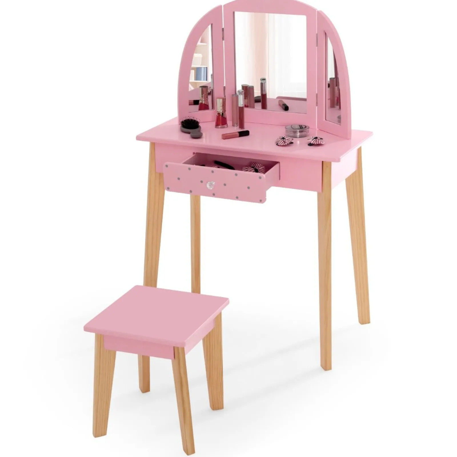 Little Helper Table & Chairs (wooden) | Dressing Tables & Vanity Tables | Montessori Dressing Table & Stool Set | Vanity Table | Tri-Folding Mirror | Drawer | Pink | 3-7 Years