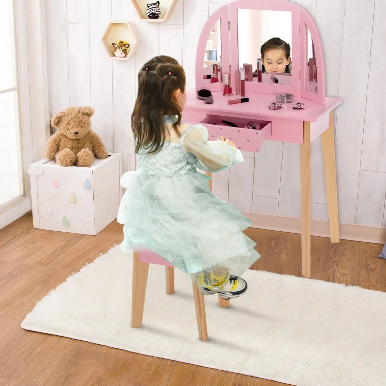 Little Helper Table & Chairs (wooden) | Dressing Tables & Vanity Tables | Montessori Dressing Table & Stool Set | Vanity Table | Tri-Folding Mirror | Drawer | Pink | 3-7 Years