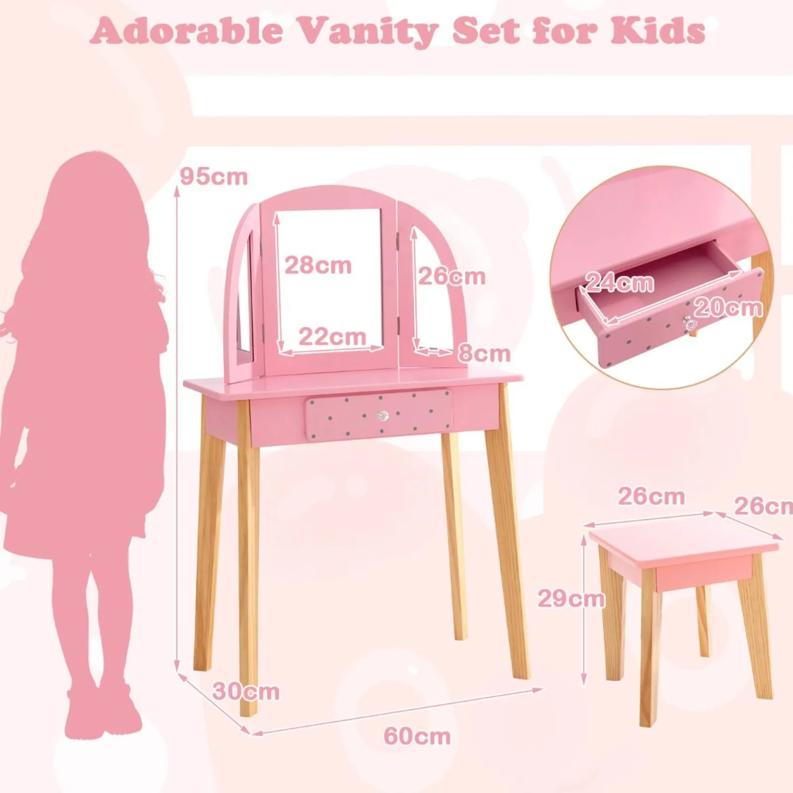 Little Helper Table & Chairs (wooden) | Dressing Tables & Vanity Tables | Montessori Dressing Table & Stool Set | Vanity Table | Tri-Folding Mirror | Drawer | Pink | 3-7 Years