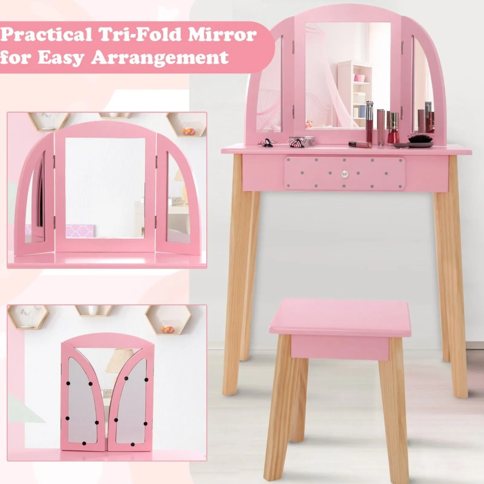 Little Helper Table & Chairs (wooden) | Dressing Tables & Vanity Tables | Montessori Dressing Table & Stool Set | Vanity Table | Tri-Folding Mirror | Drawer | Pink | 3-7 Years
