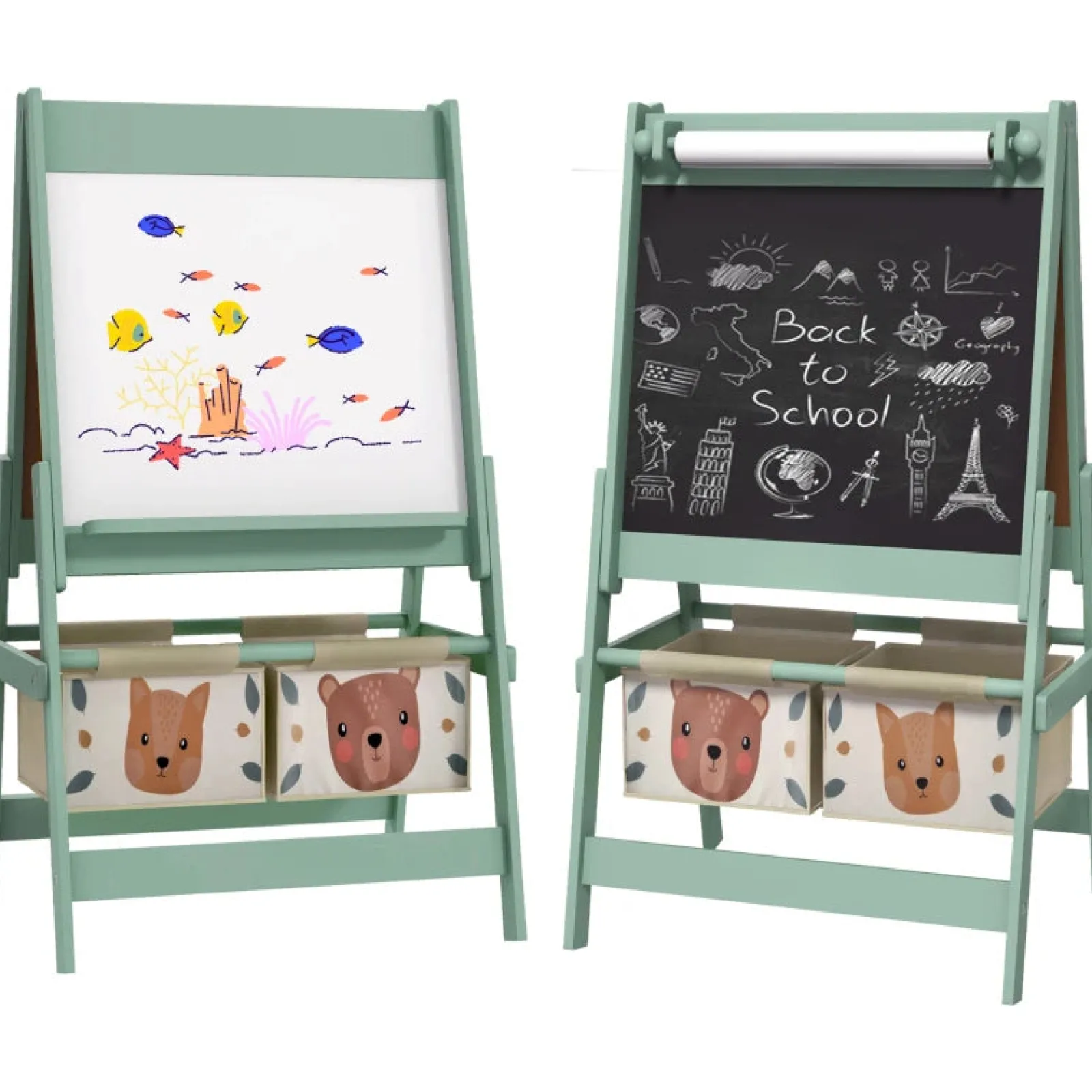 Little Helper Easels & Accessories | Kids Easels & Accessories | Montessori Easel | Double Sided Whiteboard & Chalkboard Painting Easel with Paper Roll | 2 Storage Boxes | Sage Green