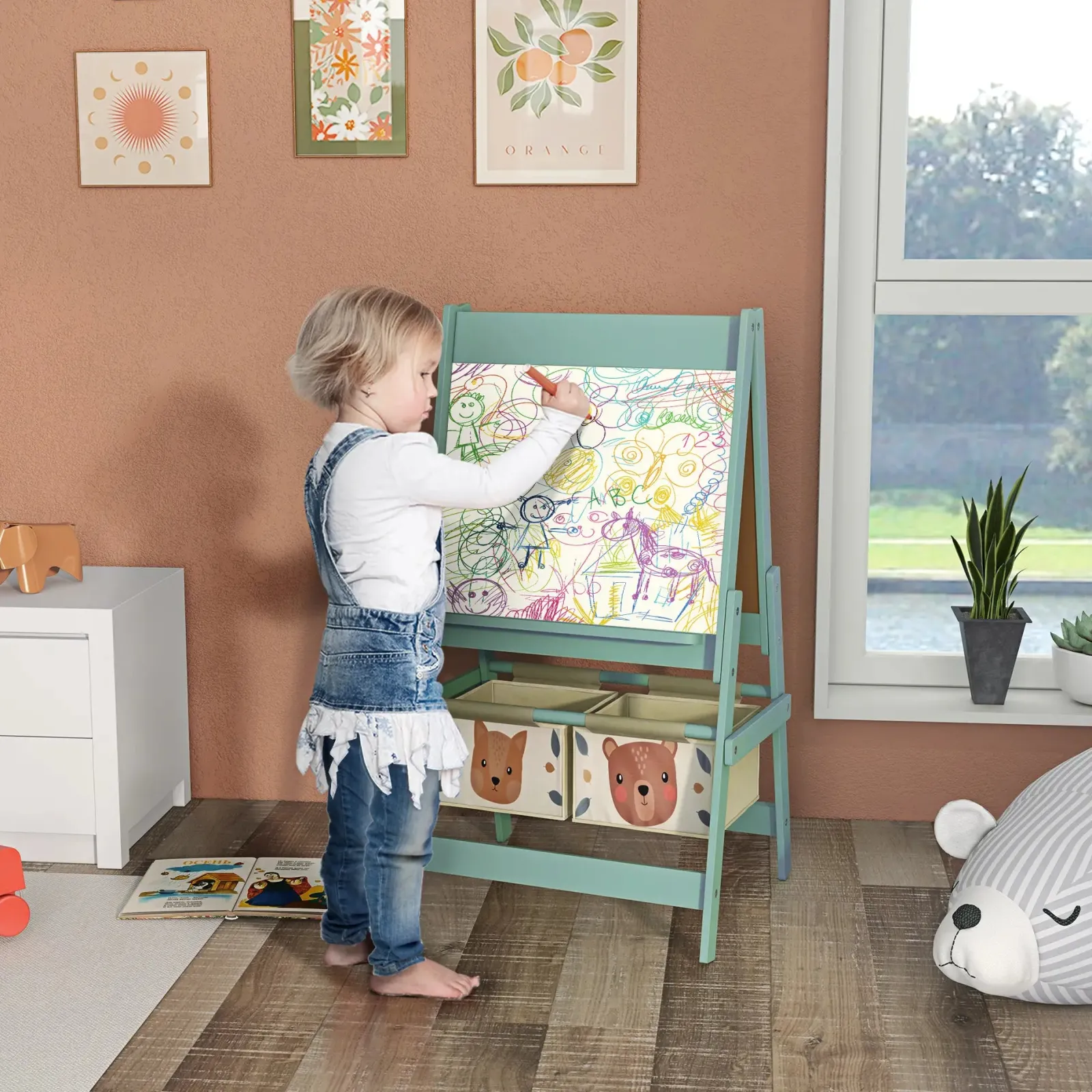 Little Helper Easels & Accessories | Kids Easels & Accessories | Montessori Easel | Double Sided Whiteboard & Chalkboard Painting Easel with Paper Roll | 2 Storage Boxes | Sage Green