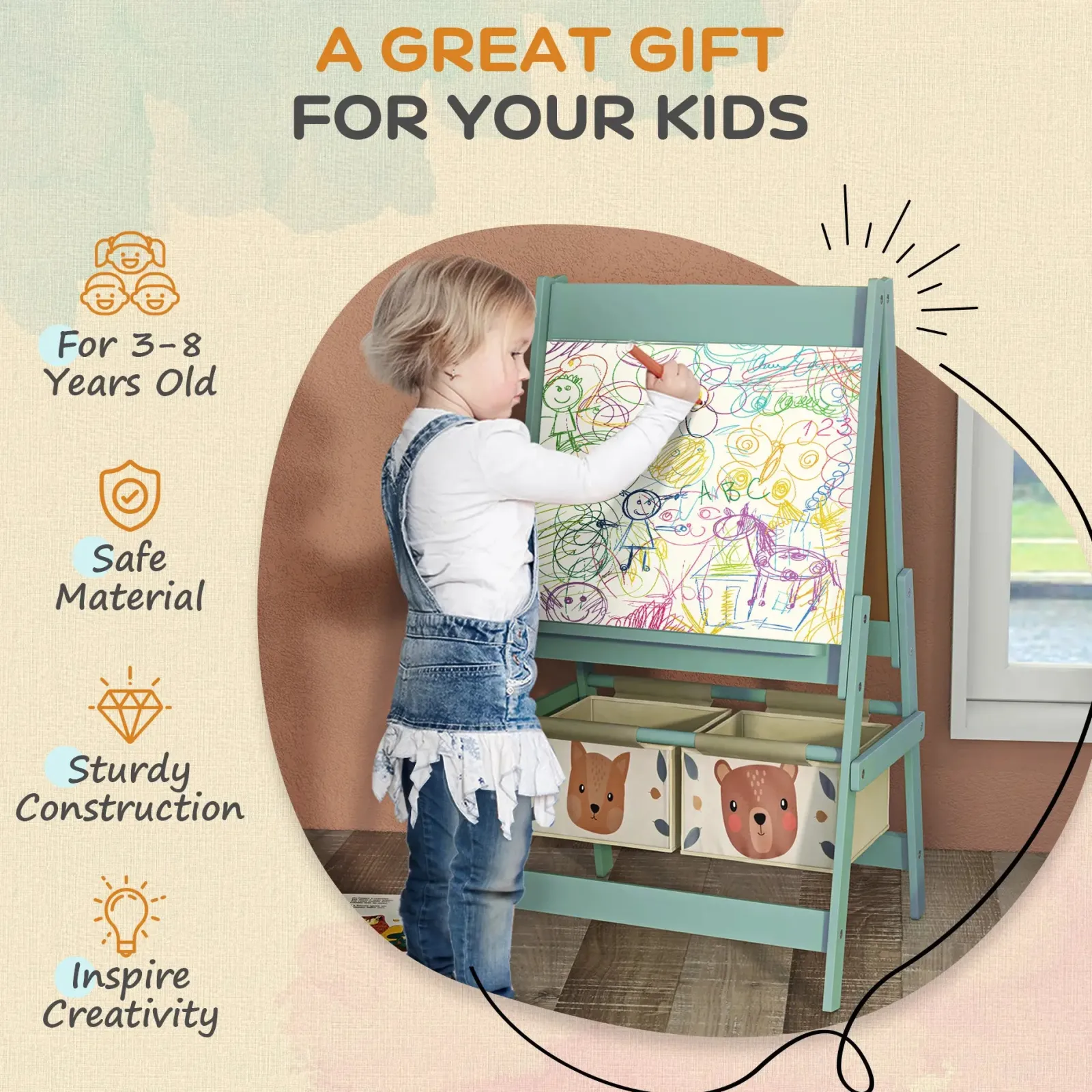Little Helper Easels & Accessories | Kids Easels & Accessories | Montessori Easel | Double Sided Whiteboard & Chalkboard Painting Easel with Paper Roll | 2 Storage Boxes | Sage Green
