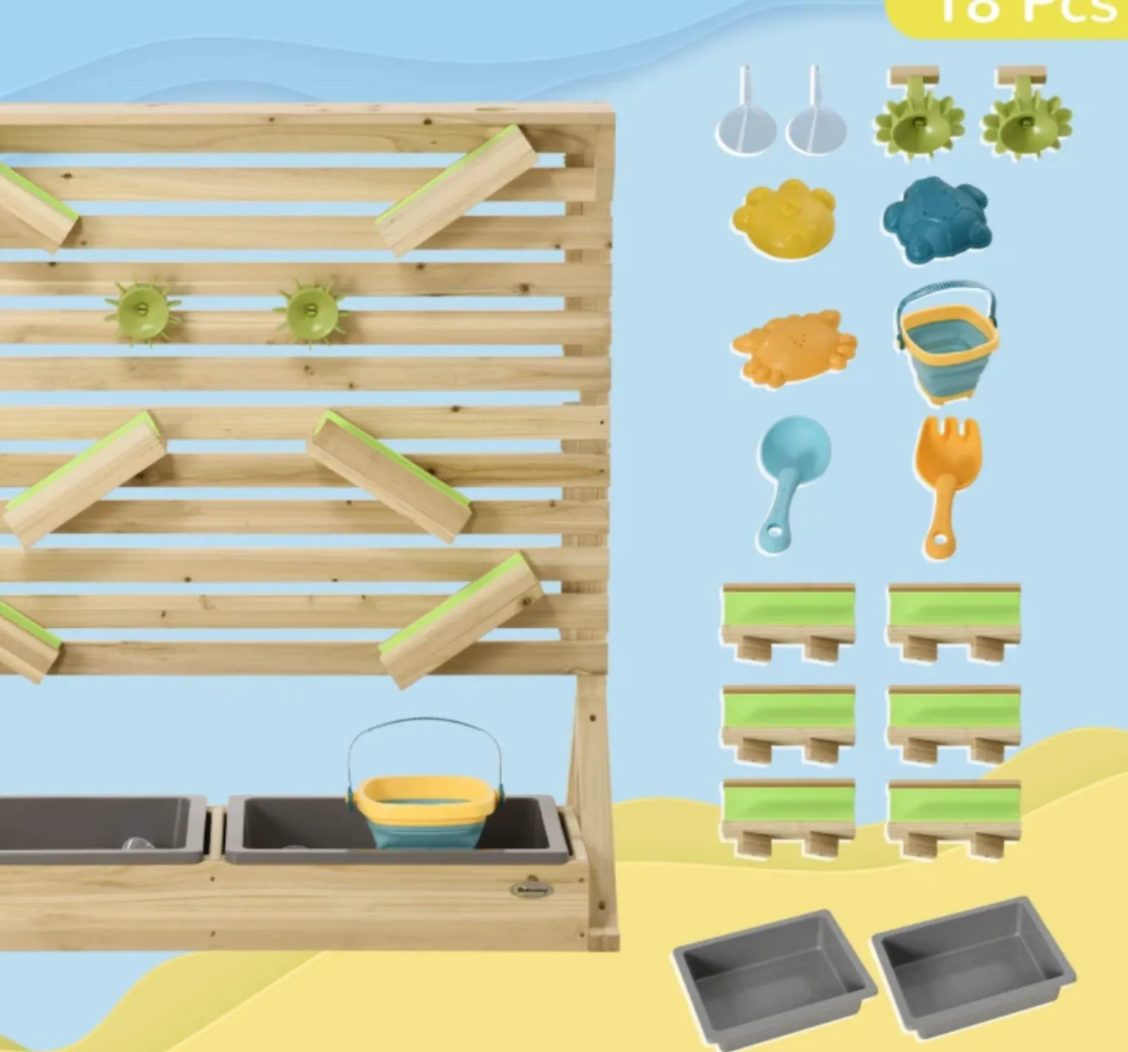 Little Helper Sand & Water Table & Sandpits & Mud Kitchens | Toy Kitchens | Montessori Eco Natural Fir Wood Waterwall | Outdoor Water Play | 18 Accessories | 3 Years+