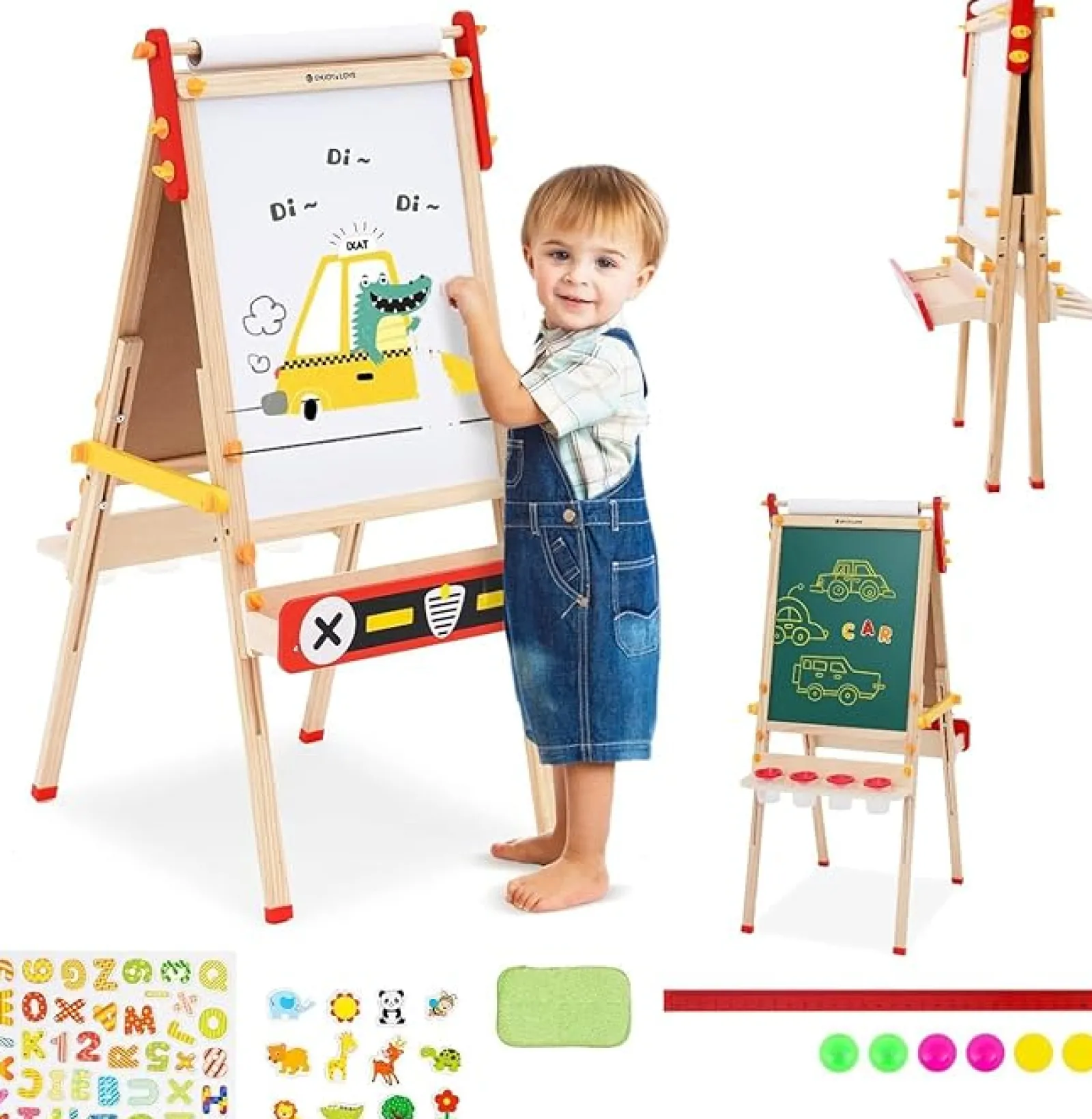 Little Helper Kids Arts & Crafts & Accessories | Easels & Accessories | Montessori Height Adjustable Eco Folding Wood Easel | Whiteboard, Blackboard | Paper Roll | Large Accessory Pack | 3-8 Years