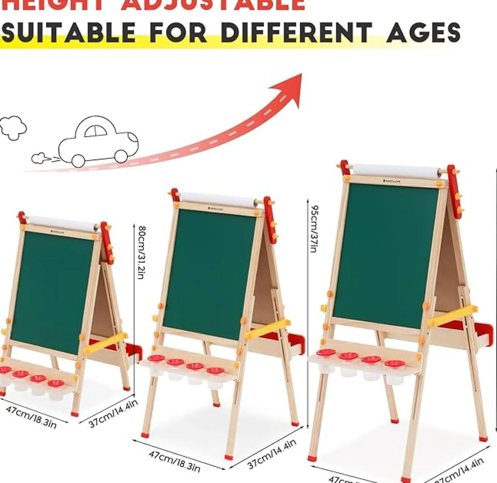 Little Helper Kids Arts & Crafts & Accessories | Easels & Accessories | Montessori Height Adjustable Eco Folding Wood Easel | Whiteboard, Blackboard | Paper Roll | Large Accessory Pack | 3-8 Years