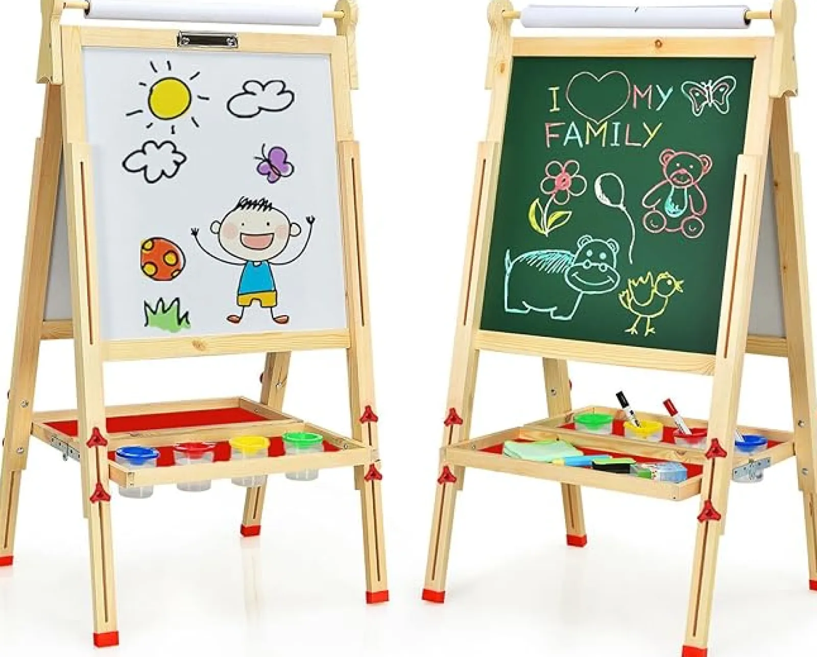 Little Helper Montessori Toys & Products | Kids Arts & Crafts & Accessories | Montessori Height Adjustable Eco Wood Easel | Whiteboard, Blackboard | Paper Roll | Paint Pots | Chalks & Magnets | 3-12 Years