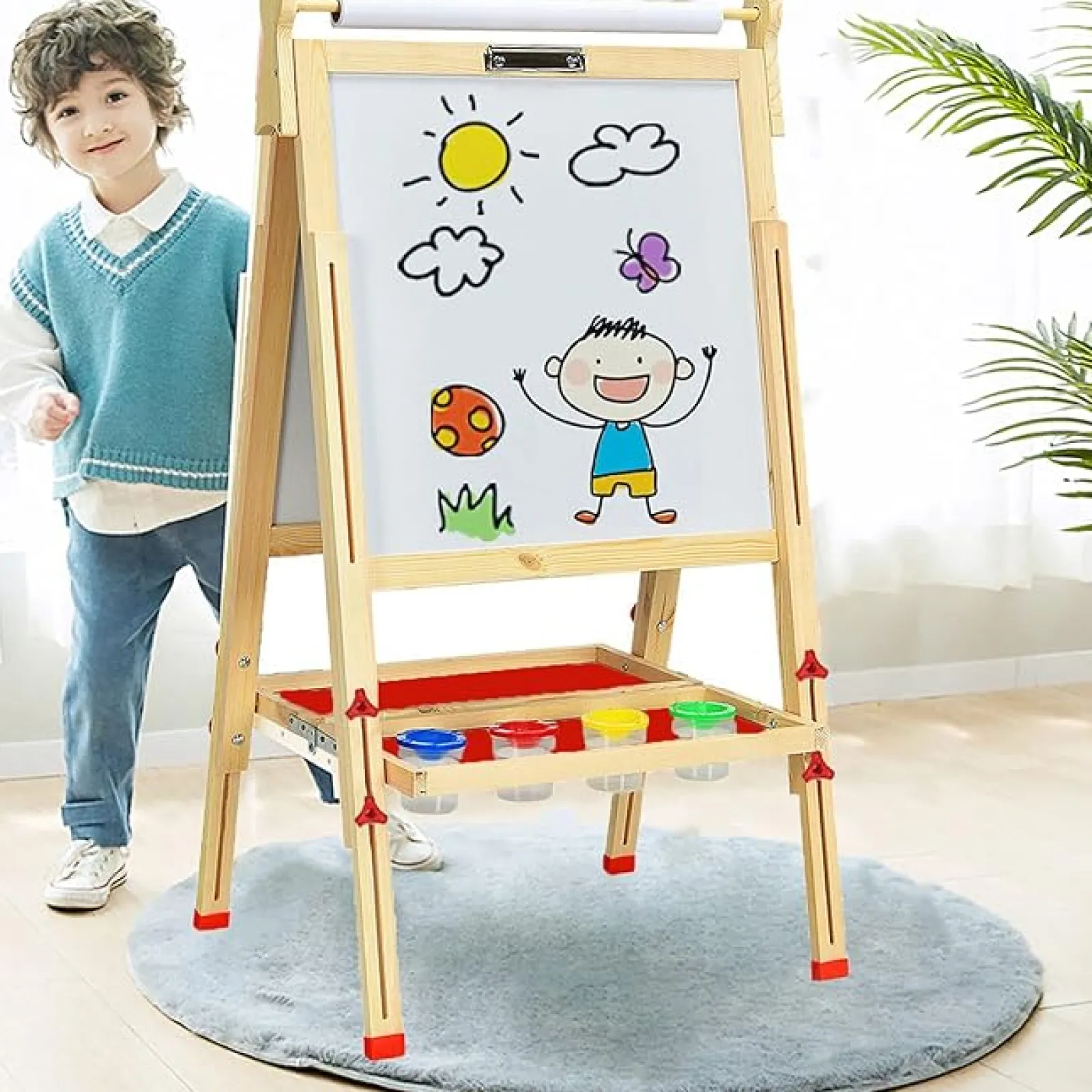 Little Helper Montessori Toys & Products | Kids Arts & Crafts & Accessories | Montessori Height Adjustable Eco Wood Easel | Whiteboard, Blackboard | Paper Roll | Paint Pots | Chalks & Magnets | 3-12 Years