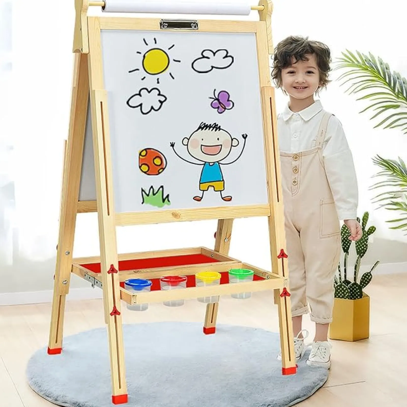 Little Helper Montessori Toys & Products | Kids Arts & Crafts & Accessories | Montessori Height Adjustable Eco Wood Easel | Whiteboard, Blackboard | Paper Roll | Paint Pots | Chalks & Magnets | 3-12 Years