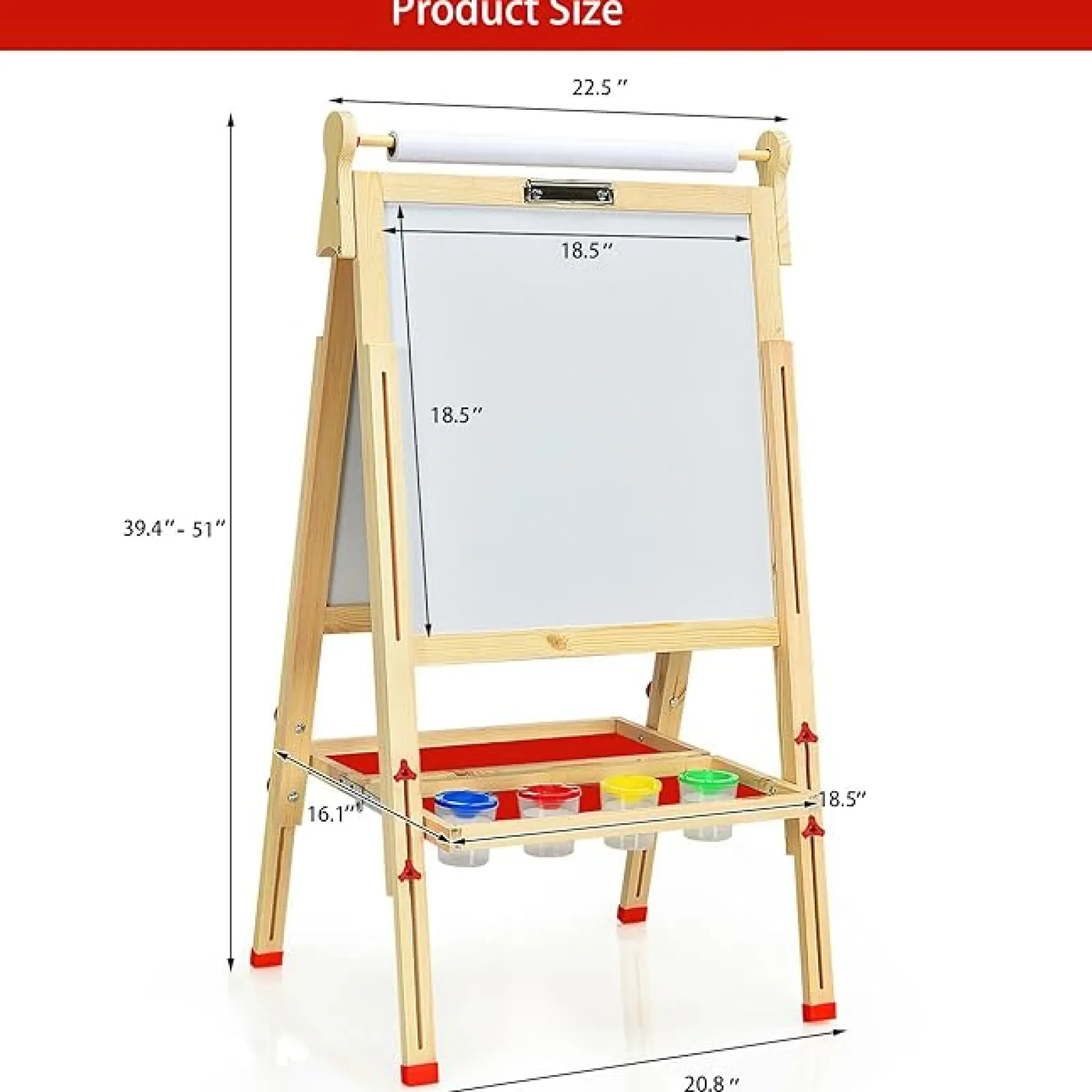 Little Helper Montessori Toys & Products | Kids Arts & Crafts & Accessories | Montessori Height Adjustable Eco Wood Easel | Whiteboard, Blackboard | Paper Roll | Paint Pots | Chalks & Magnets | 3-12 Years