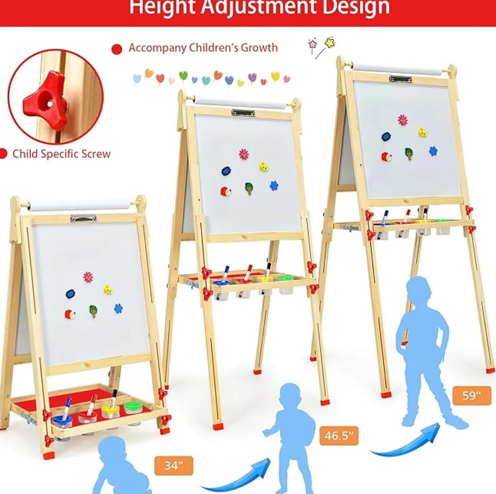 Little Helper Montessori Toys & Products | Kids Arts & Crafts & Accessories | Montessori Height Adjustable Eco Wood Easel | Whiteboard, Blackboard | Paper Roll | Paint Pots | Chalks & Magnets | 3-12 Years