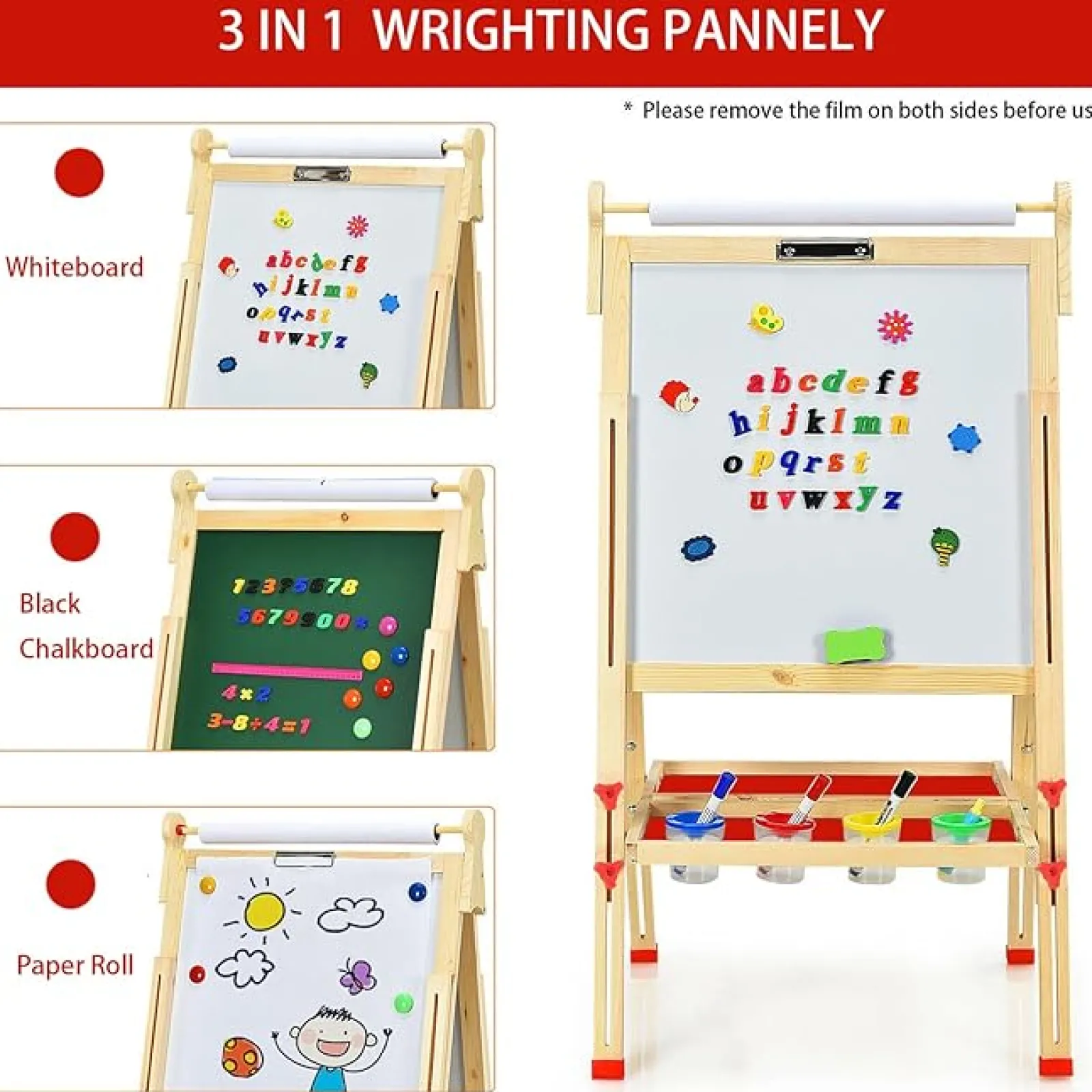 Little Helper Montessori Toys & Products | Kids Arts & Crafts & Accessories | Montessori Height Adjustable Eco Wood Easel | Whiteboard, Blackboard | Paper Roll | Paint Pots | Chalks & Magnets | 3-12 Years