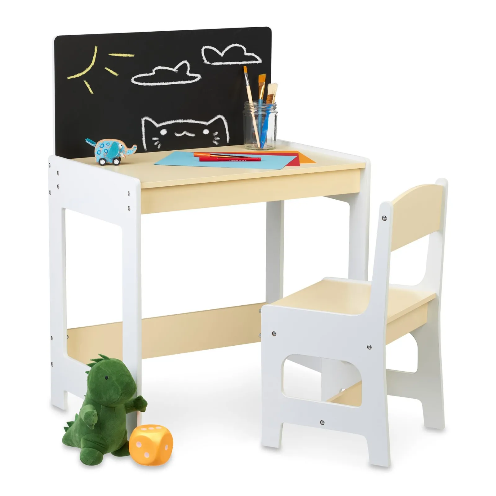 Little Helper Table & Chairs (wooden) | Montessori Homework Desk | Blackboard | Chair | Natural & White | 3-8 Years