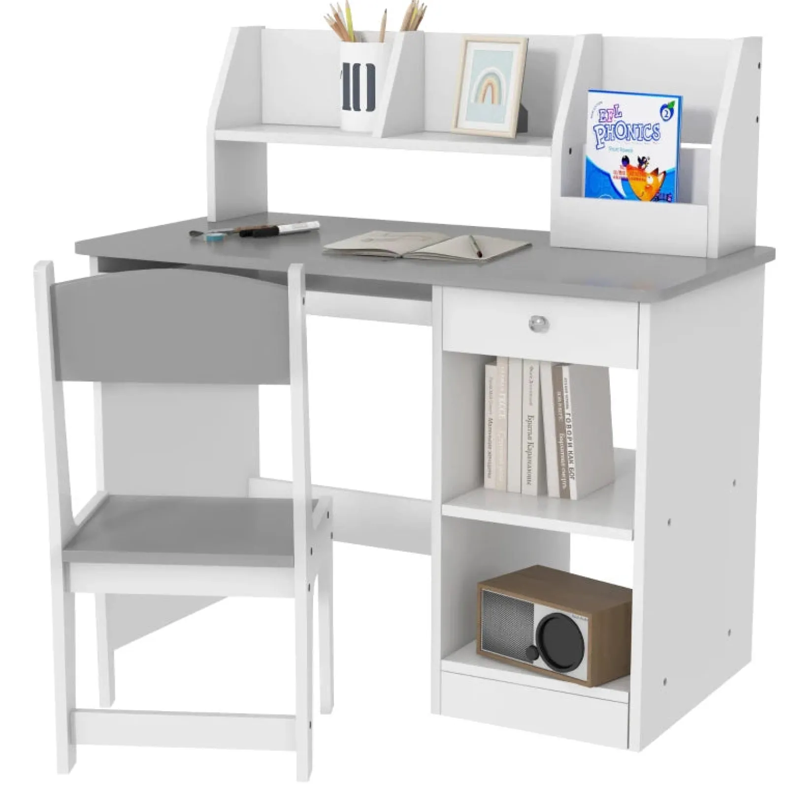Little Helper Montessori Toys & Products | Table & Chairs (wooden) | Montessori Homework Desk | Keyboard Drawer | Storage & Chair | White & Grey | 5-8 Years