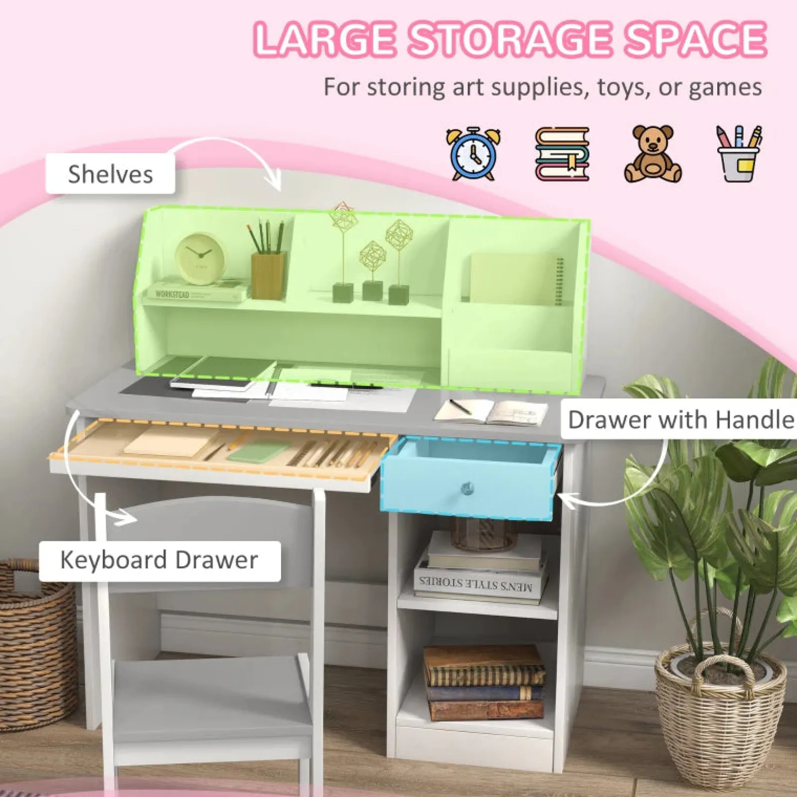 Little Helper Montessori Toys & Products | Table & Chairs (wooden) | Montessori Homework Desk | Keyboard Drawer | Storage & Chair | White & Grey | 5-8 Years
