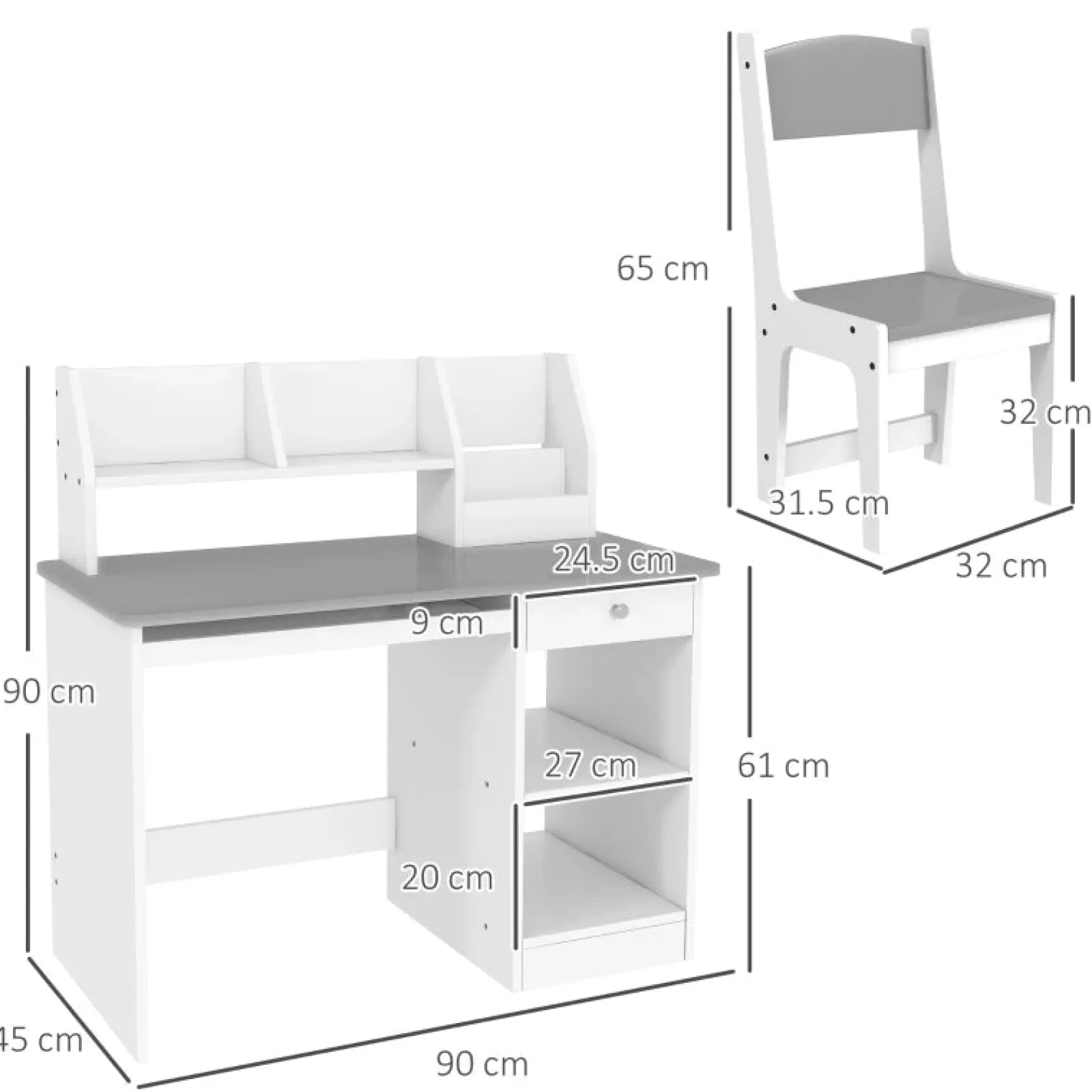 Little Helper Montessori Toys & Products | Table & Chairs (wooden) | Montessori Homework Desk | Keyboard Drawer | Storage & Chair | White & Grey | 5-8 Years