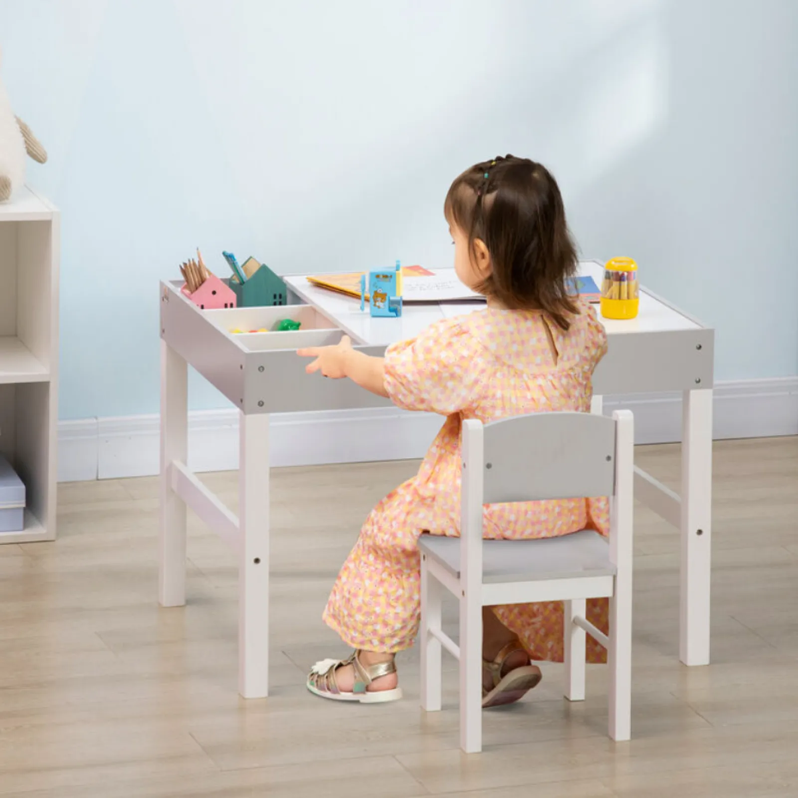 Little Helper Montessori Toys & Products | Table & Chairs (wooden) | Montessori Homework Desk | Reversible Top | Lego Board | Storage & Chair | White & Grey | 3 Years+