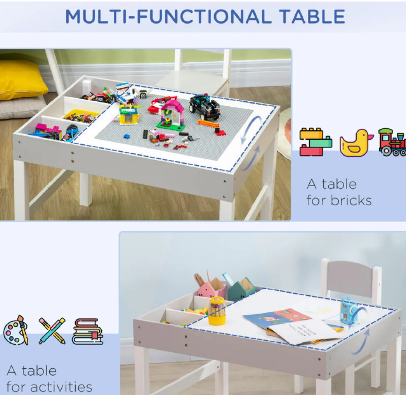 Little Helper Montessori Toys & Products | Table & Chairs (wooden) | Montessori Homework Desk | Reversible Top | Lego Board | Storage & Chair | White & Grey | 3 Years+