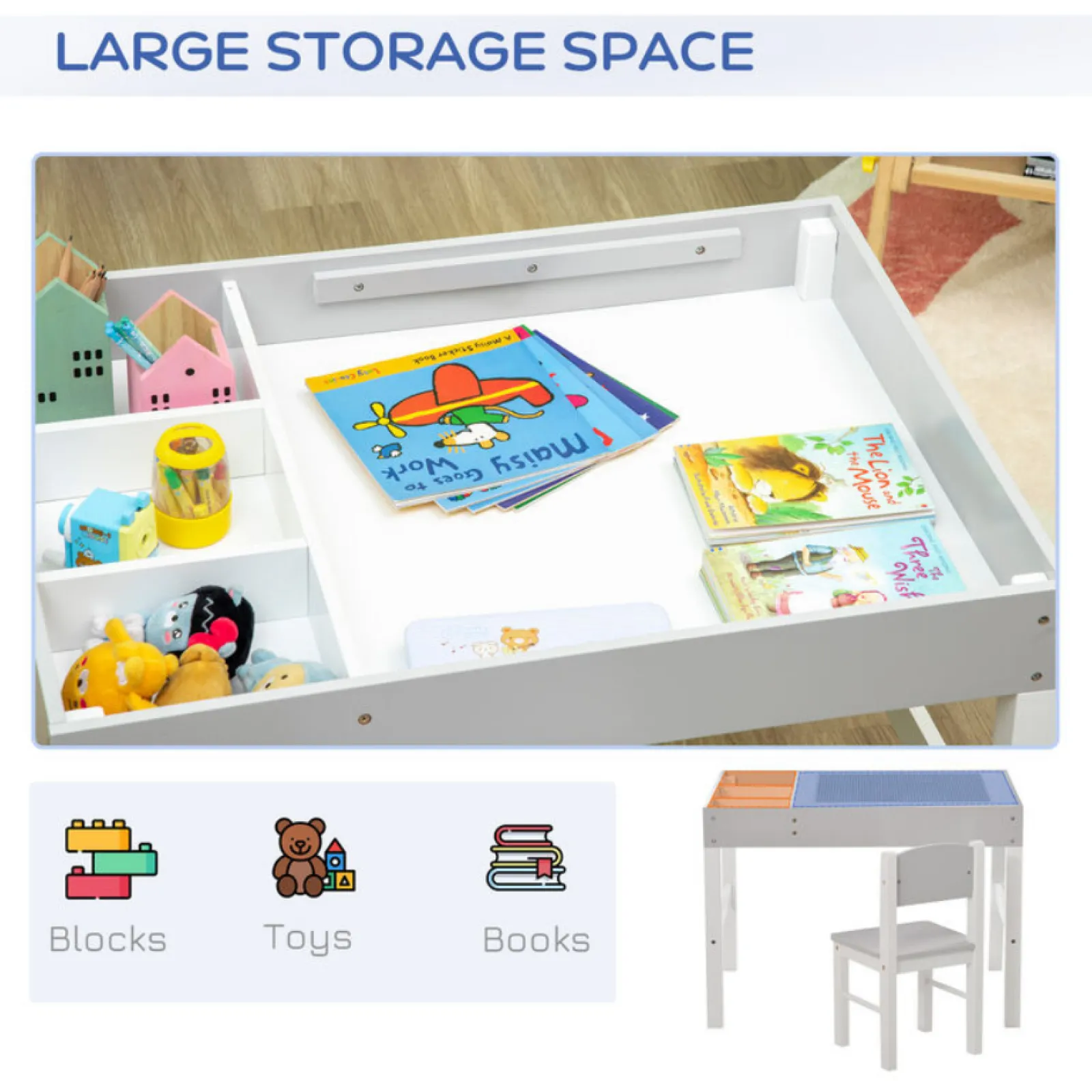 Little Helper Montessori Toys & Products | Table & Chairs (wooden) | Montessori Homework Desk | Reversible Top | Lego Board | Storage & Chair | White & Grey | 3 Years+