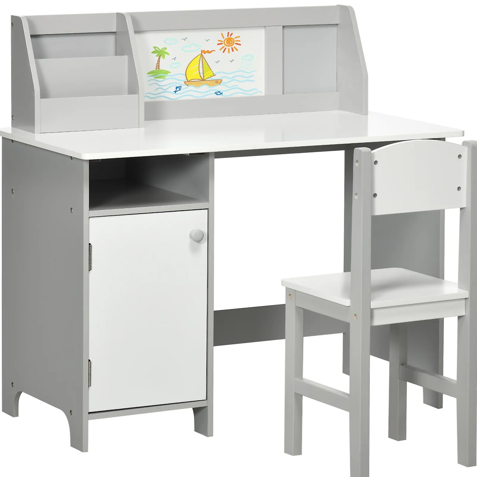 Little Helper Table & Chairs (wooden) | Montessori Homework Desk | Whiteboard | Storage & Chair | White & Grey | 5-8 Years
