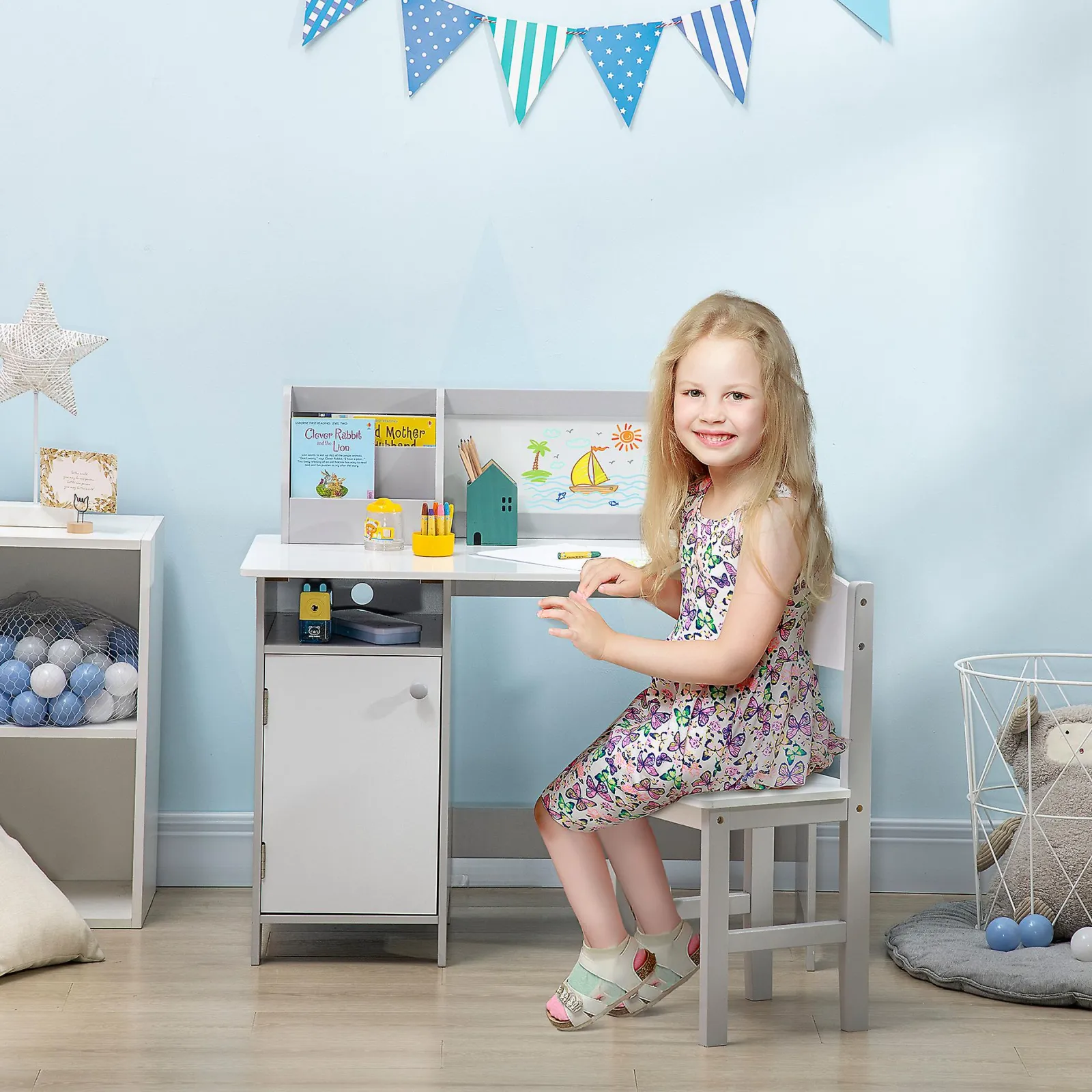 Little Helper Table & Chairs (wooden) | Montessori Homework Desk | Whiteboard | Storage & Chair | White & Grey | 5-8 Years