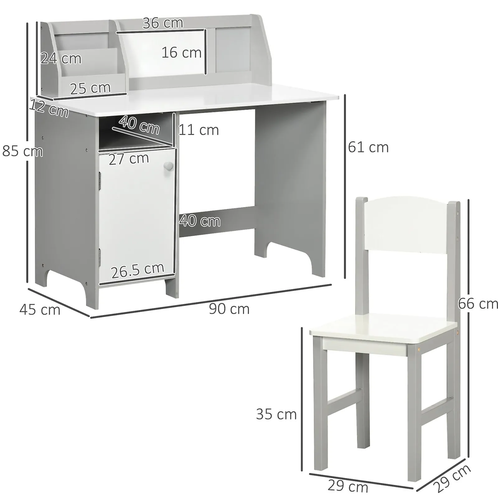 Little Helper Table & Chairs (wooden) | Montessori Homework Desk | Whiteboard | Storage & Chair | White & Grey | 5-8 Years