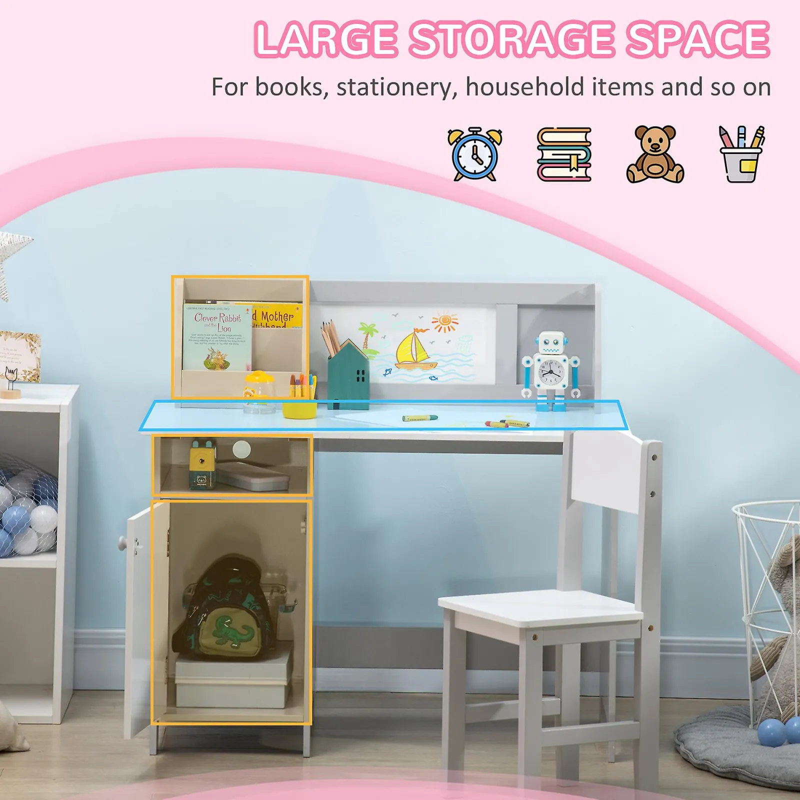 Little Helper Table & Chairs (wooden) | Montessori Homework Desk | Whiteboard | Storage & Chair | White & Grey | 5-8 Years
