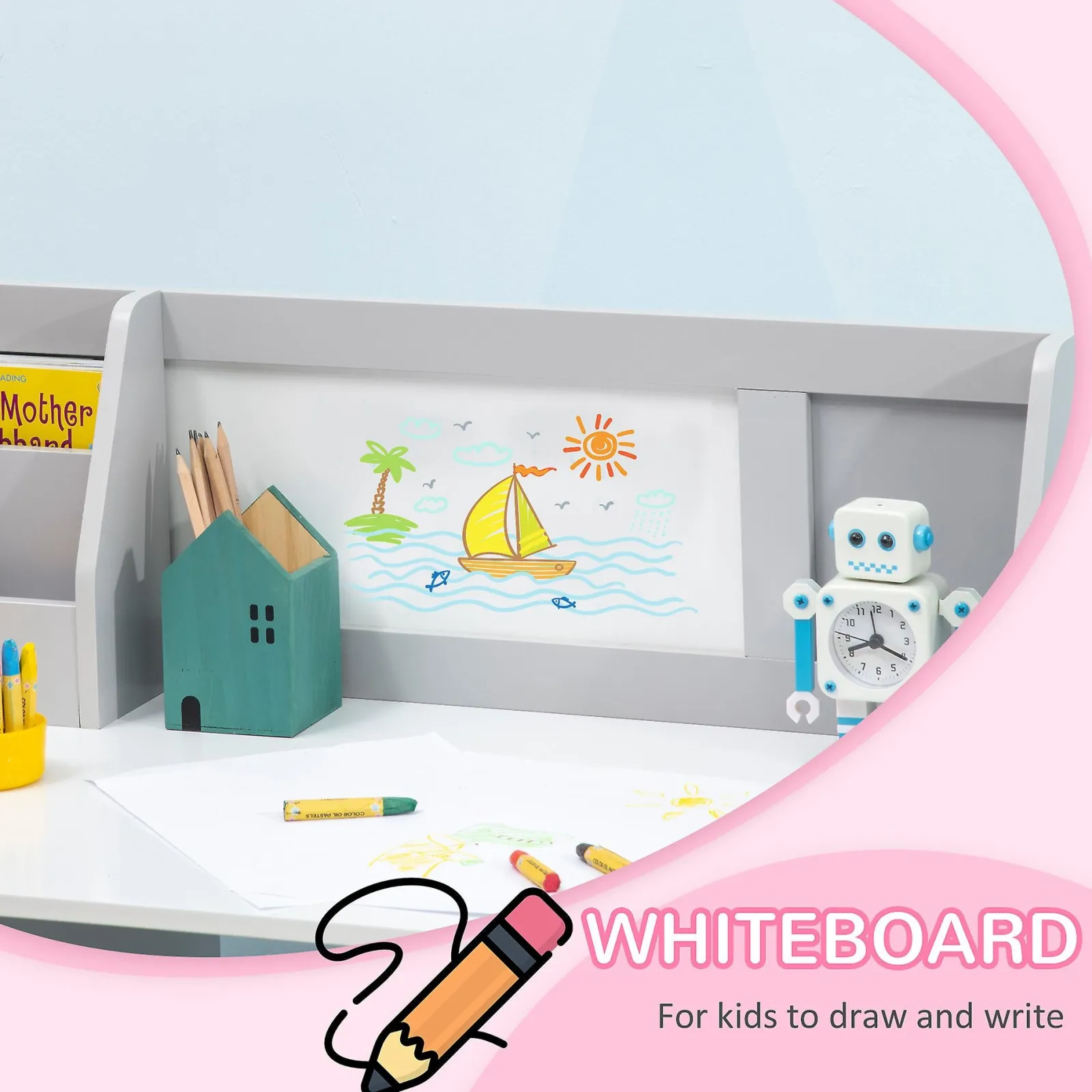 Little Helper Table & Chairs (wooden) | Montessori Homework Desk | Whiteboard | Storage & Chair | White & Grey | 5-8 Years