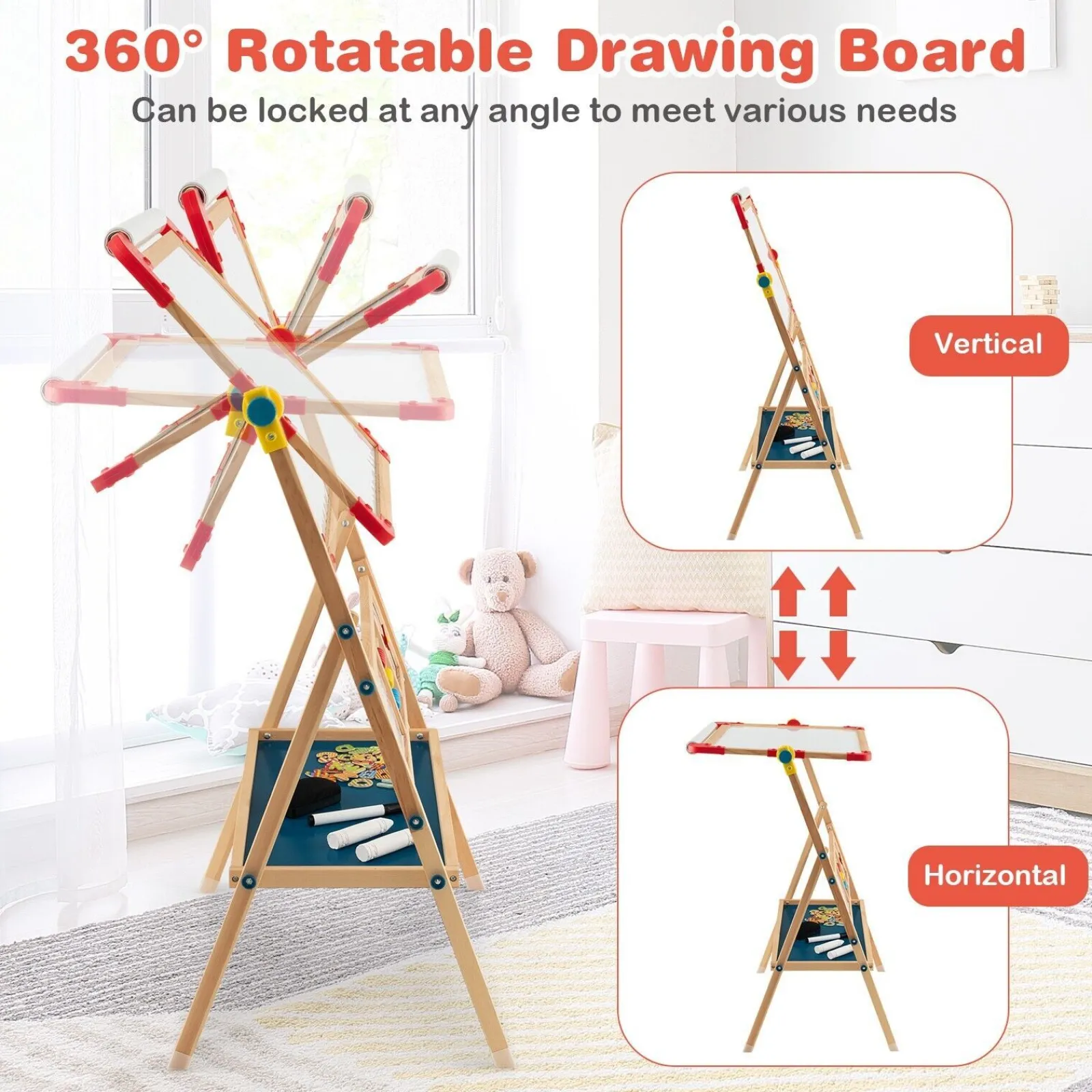 Little Helper Easels & Accessories | Kids Easels & Accessories | Montessori 3-in-1 360° Educational Magnetic Art Easel | Whiteboard | Chalkboard | Accessories