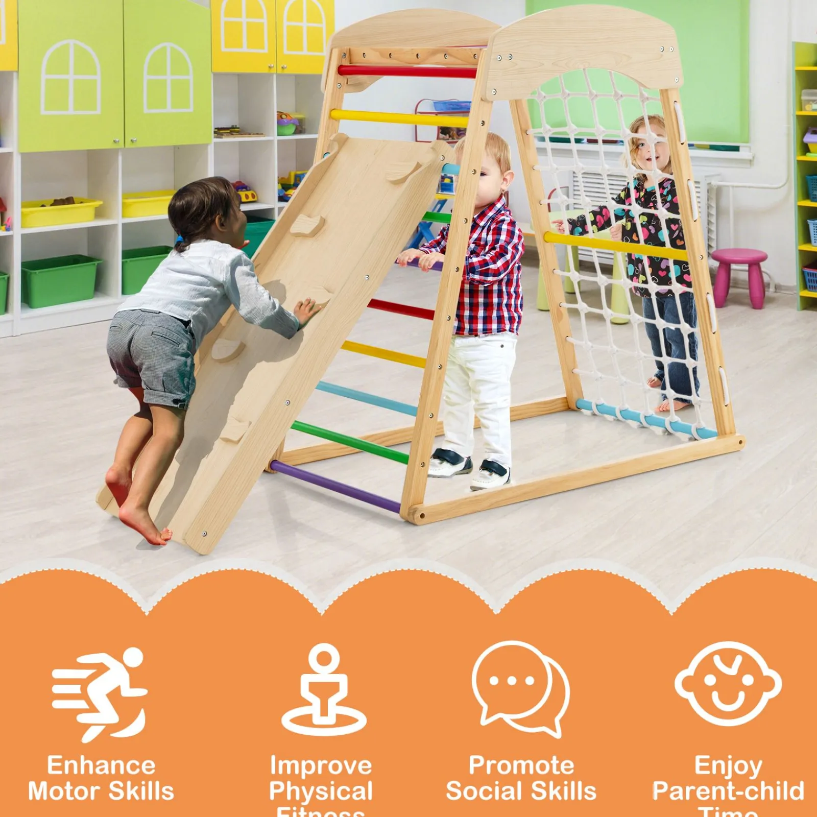 Little Helper Swing & Slide Sets & Garden Play & Trampolines | Kids Climbing Frames & Activity Toys | Montessori 6-in-1 Indoor Eco Wood Toddler Jungle Gym | Climbing Wall | Slide | 12m+