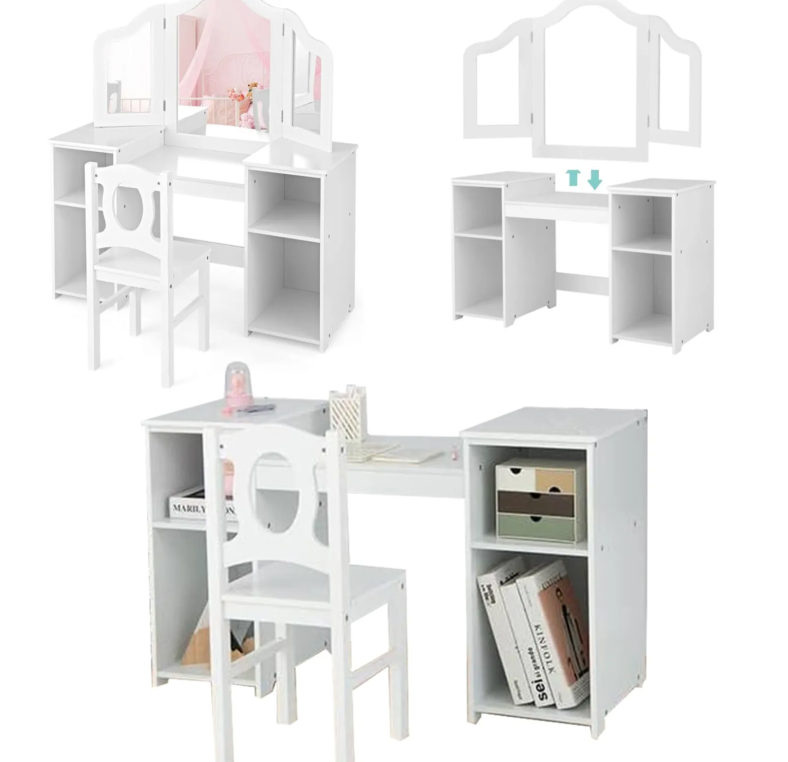 Little Helper Table & Chairs (wooden) | Dressing Tables & Vanity Tables | Montessori 2-in-1 Homework Desk & Vanity Dressing Table & Chair | Bureau | Storage | White | 3-10 Years