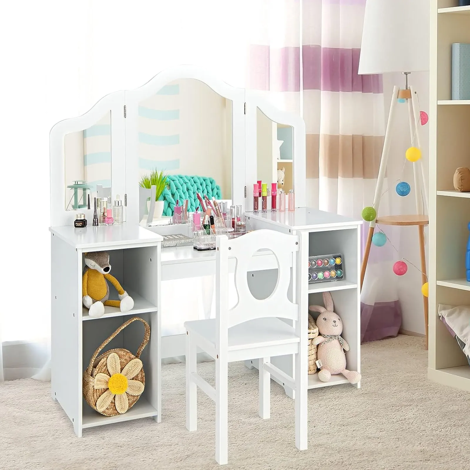 Little Helper Table & Chairs (wooden) | Dressing Tables & Vanity Tables | Montessori 2-in-1 Homework Desk & Vanity Dressing Table & Chair | Bureau | Storage | White | 3-10 Years