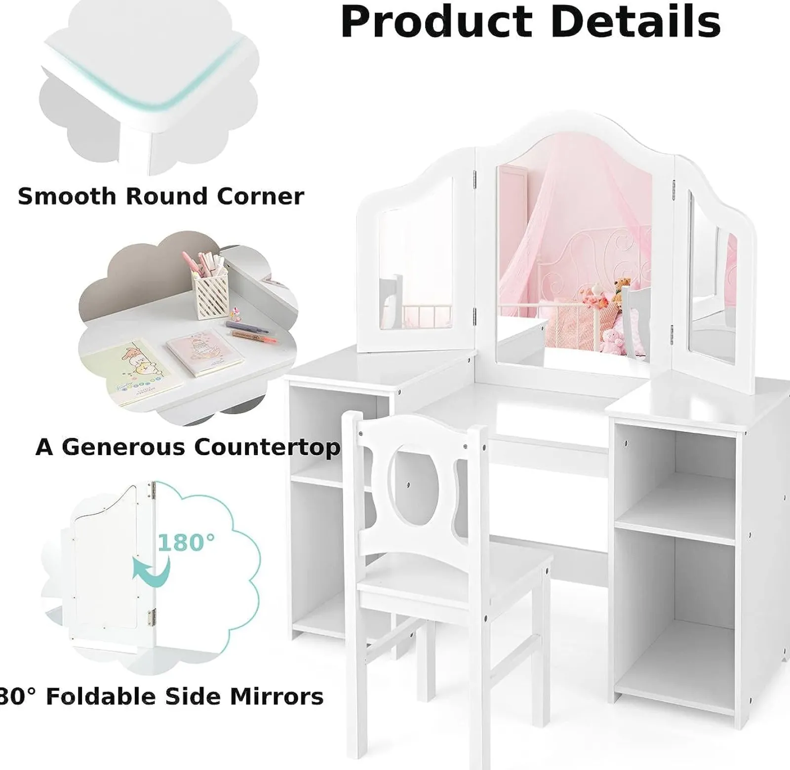 Little Helper Table & Chairs (wooden) | Dressing Tables & Vanity Tables | Montessori 2-in-1 Homework Desk & Vanity Dressing Table & Chair | Bureau | Storage | White | 3-10 Years