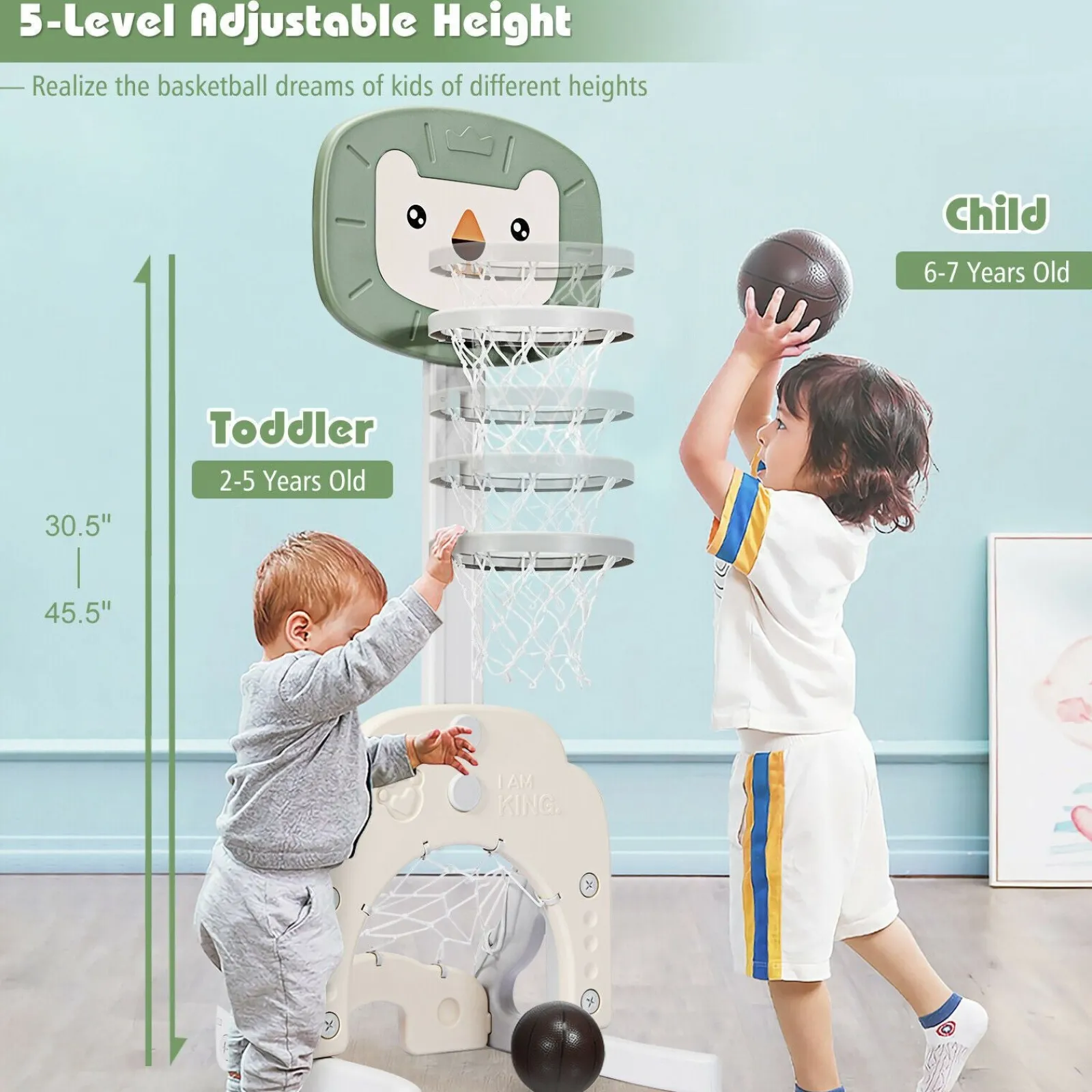 Little Helper Kids Climbing Frames & Activity Toys | Montessori Toys & Products | Montessori 3-in-1 Kids Basketball Stand | Adjustable Height | Football & Golf Goal | 3 Years+