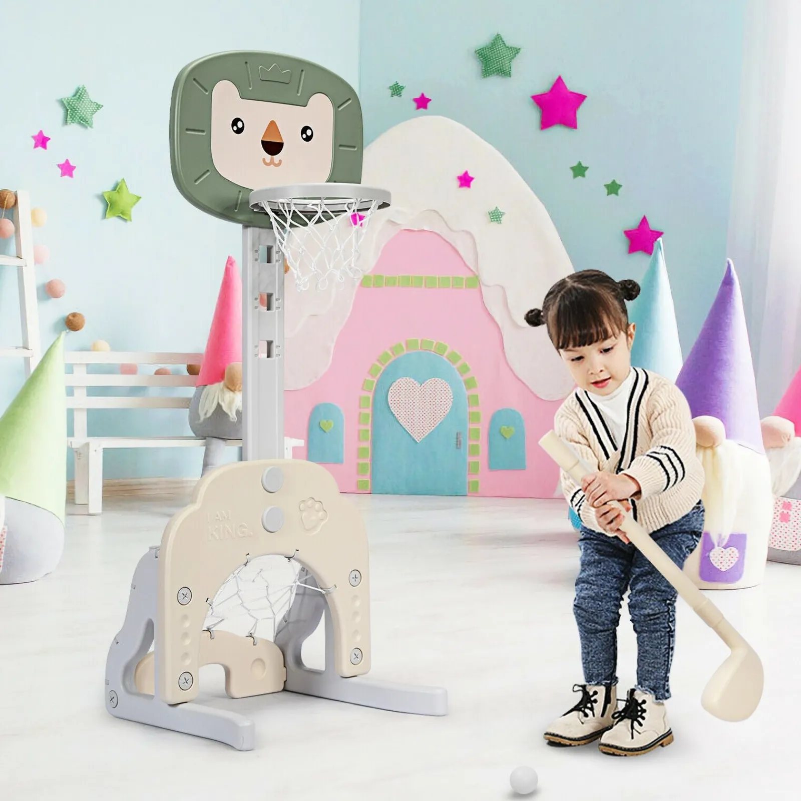 Little Helper Kids Climbing Frames & Activity Toys | Montessori Toys & Products | Montessori 3-in-1 Kids Basketball Stand | Adjustable Height | Football & Golf Goal | 3 Years+