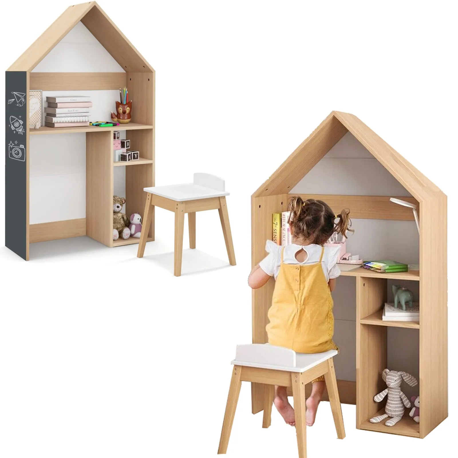 Little Helper Toy Storage Units | Toy Storage Units | Montessori 3-in-1 Kids Desk and Stool | House Shaped Bookcase and Toy Storage | Blackboard