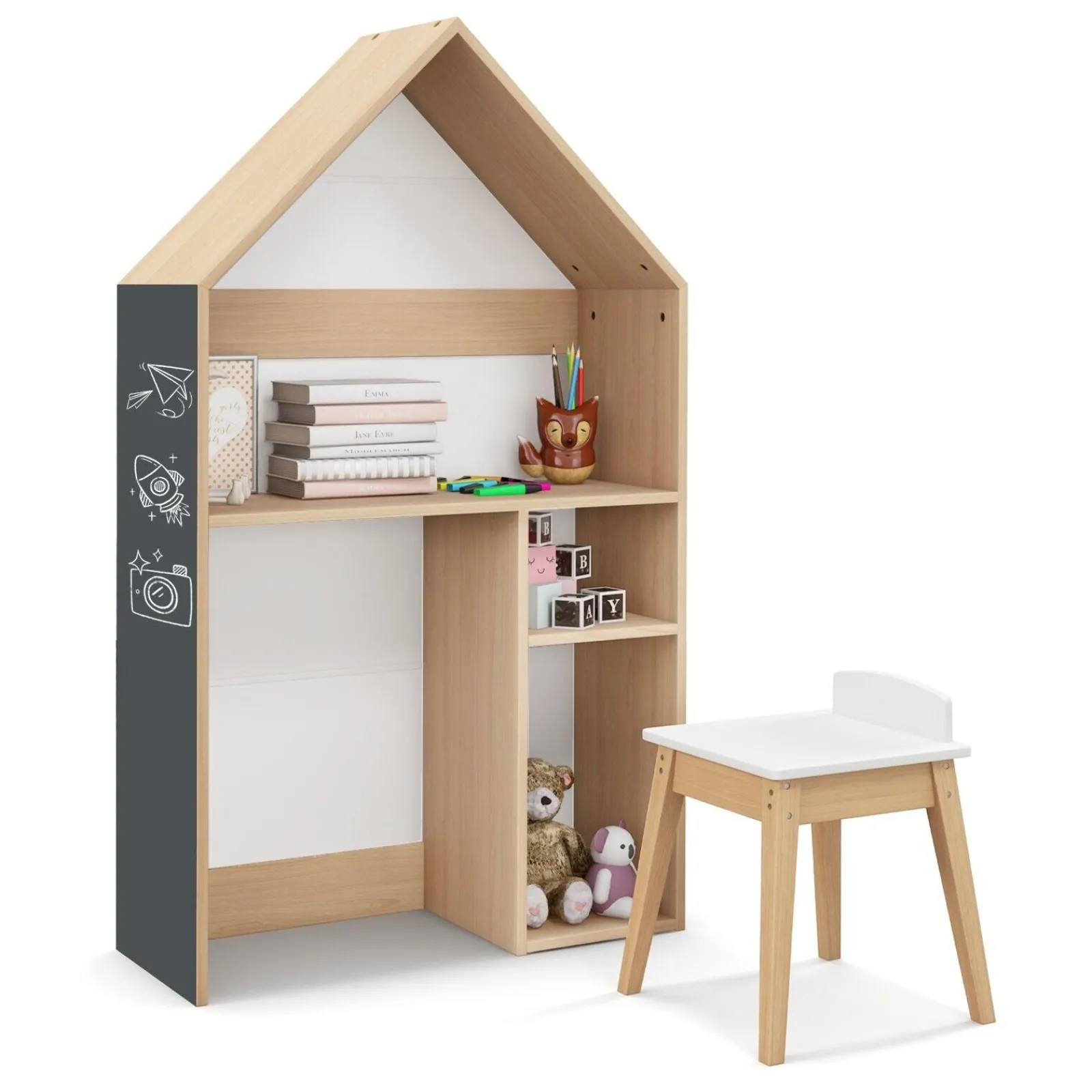 Little Helper Toy Storage Units | Toy Storage Units | Montessori 3-in-1 Kids Desk and Stool | House Shaped Bookcase and Toy Storage | Blackboard