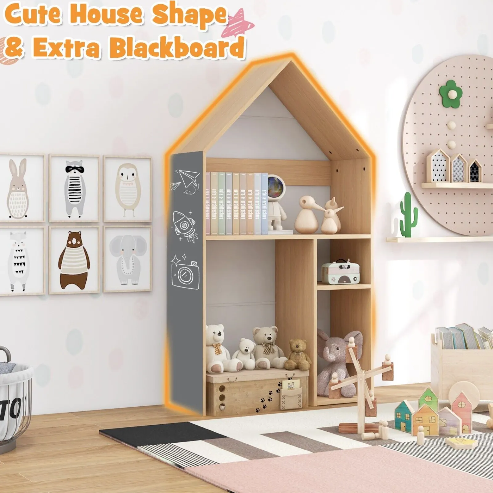 Little Helper Toy Storage Units | Toy Storage Units | Montessori 3-in-1 Kids Desk and Stool | House Shaped Bookcase and Toy Storage | Blackboard