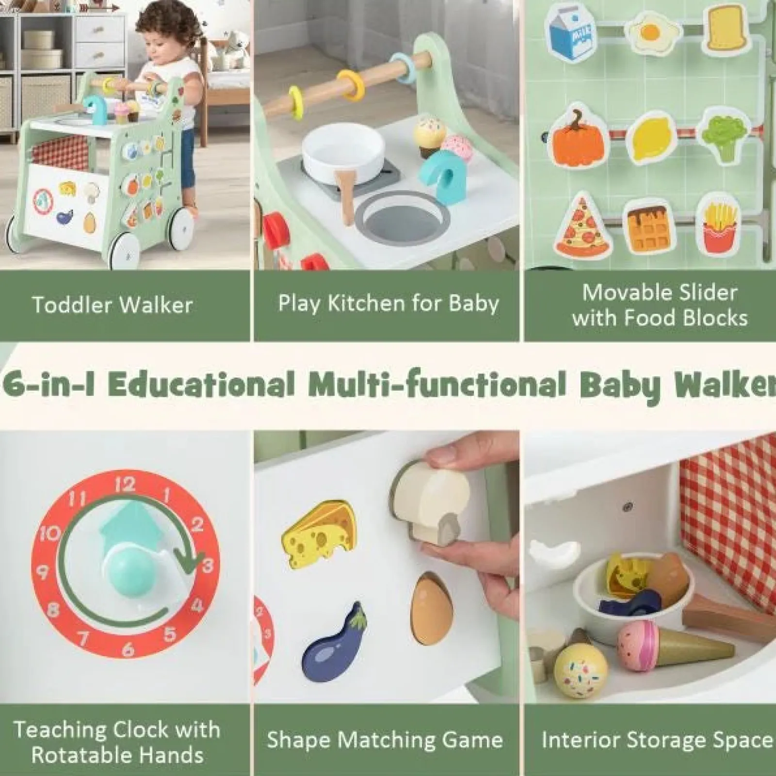 Little Helper Wooden Toys & Educational Toys | Toy Kitchens | Montessori 6-in-1 Posture Developing Baby Walker | Busy Board and Mini Toy Kitchen | 12m+