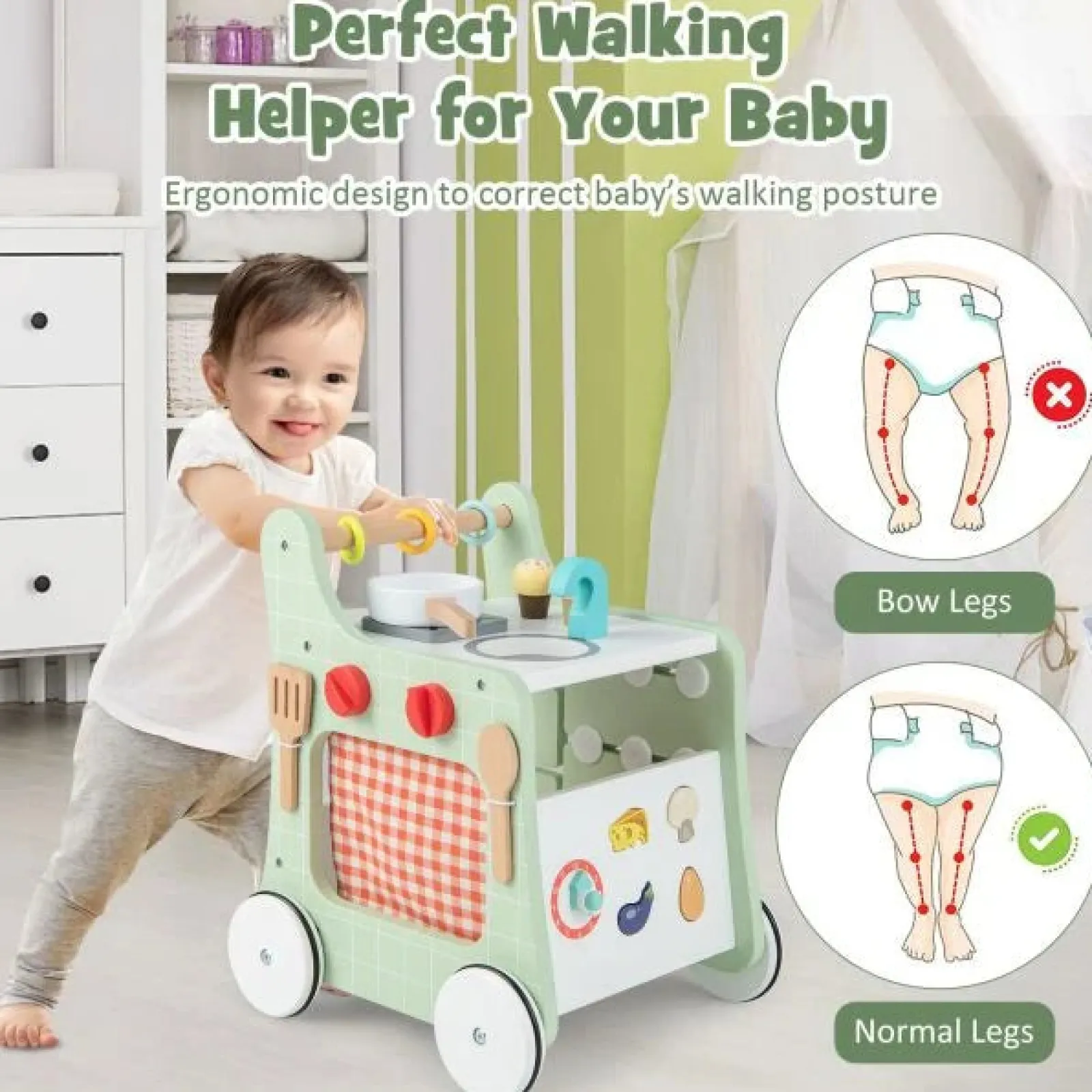 Little Helper Wooden Toys & Educational Toys | Toy Kitchens | Montessori 6-in-1 Posture Developing Baby Walker | Busy Board and Mini Toy Kitchen | 12m+