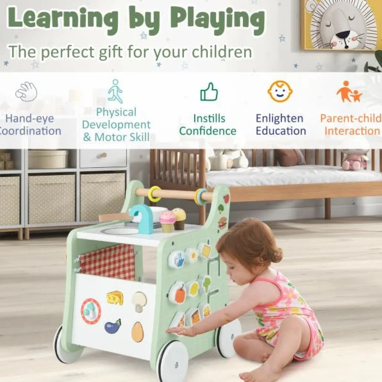 Little Helper Wooden Toys & Educational Toys | Toy Kitchens | Montessori 6-in-1 Posture Developing Baby Walker | Busy Board and Mini Toy Kitchen | 12m+